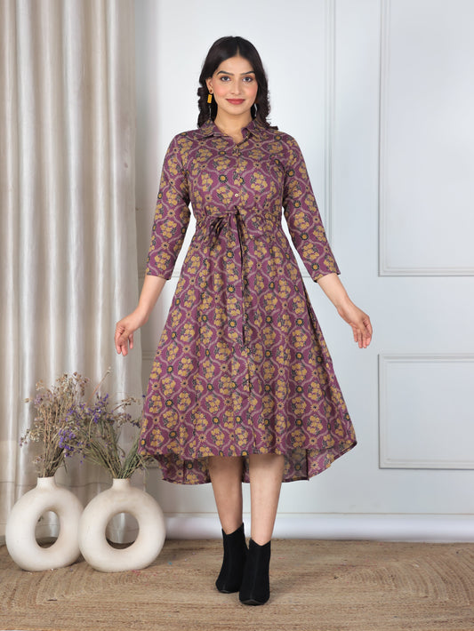 Soft Cotton Geometric High Low Purple Dress