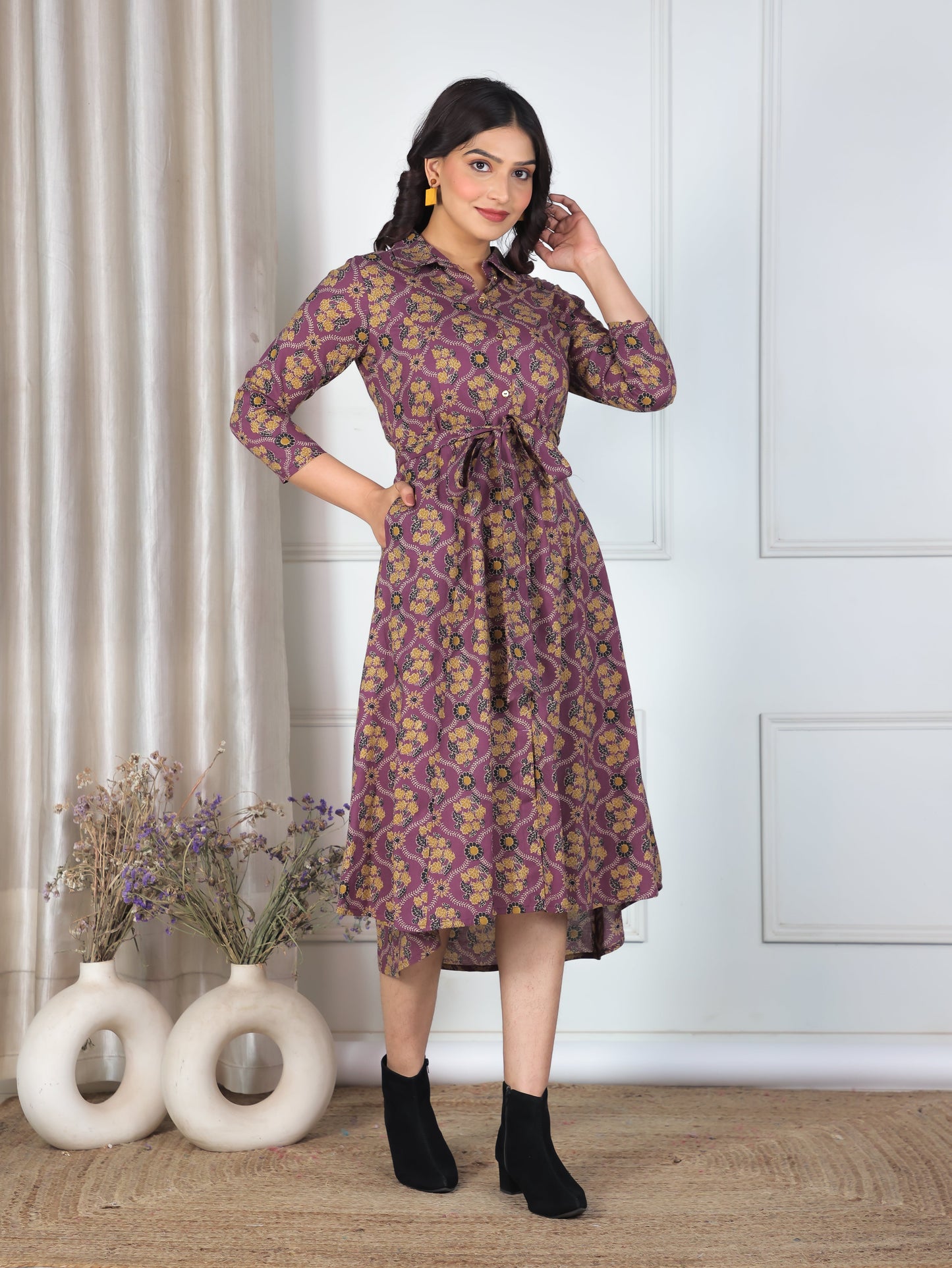 Soft Cotton Geometric High Low Purple Dress