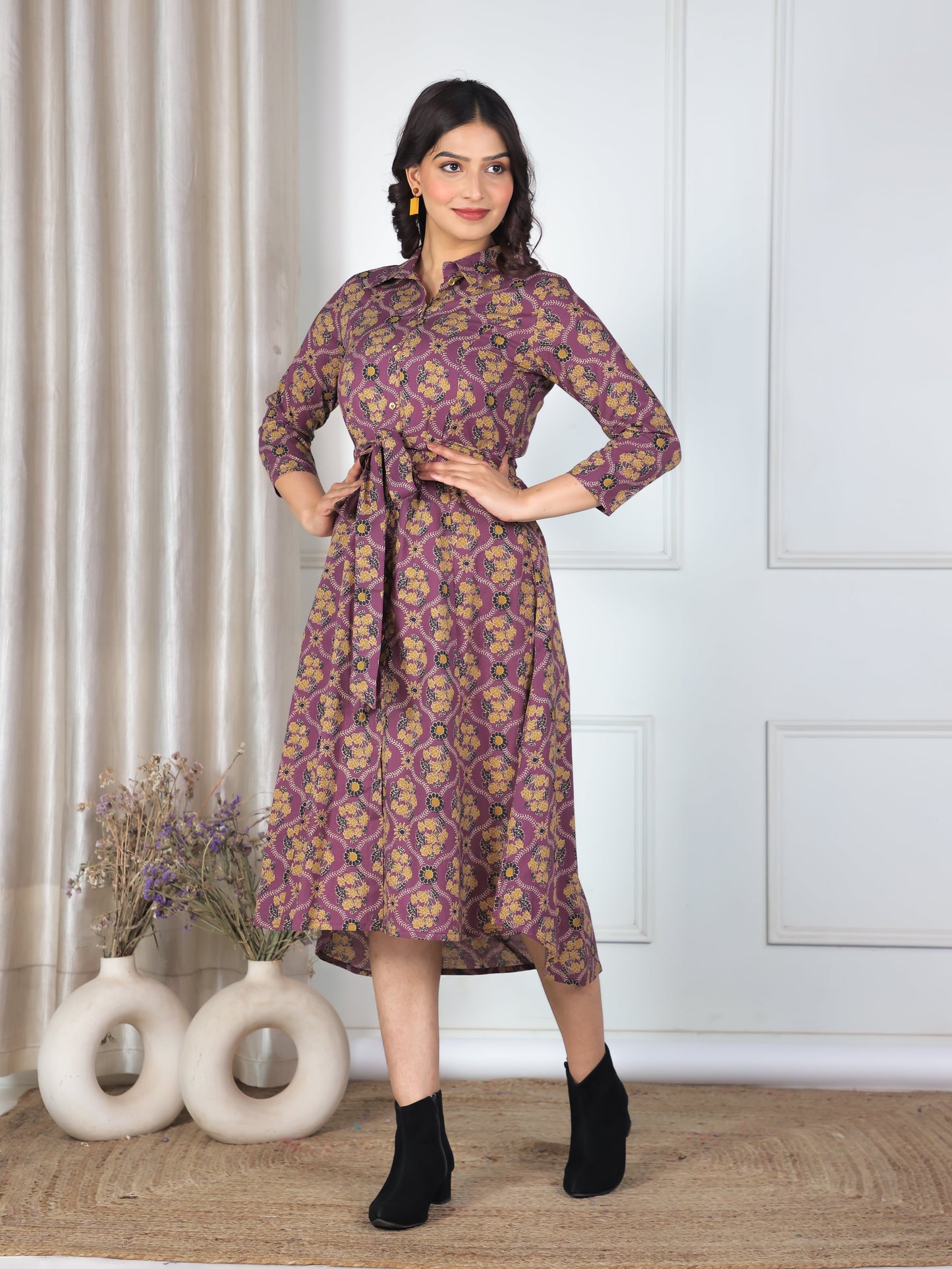 Soft Cotton Geometric High Low Purple Dress