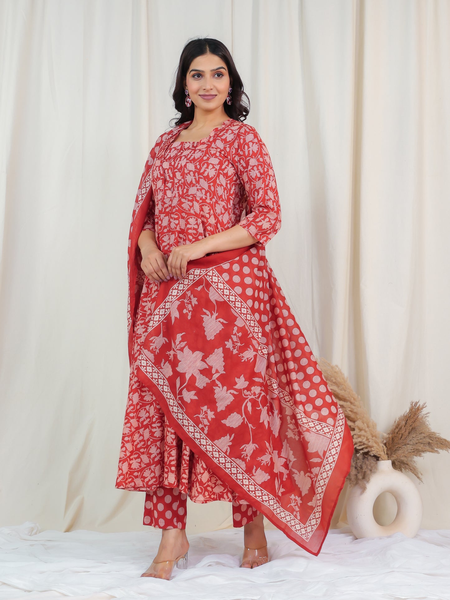 Soft Cotton Floral Flared Rust Kurta