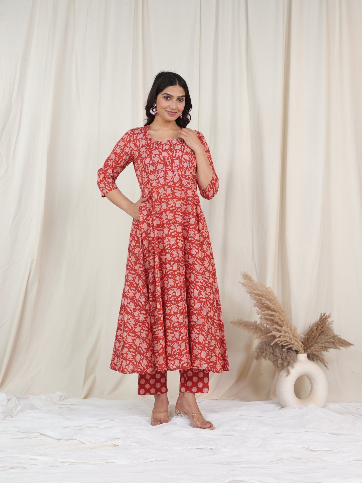 Soft Cotton Floral Flared Rust Kurta