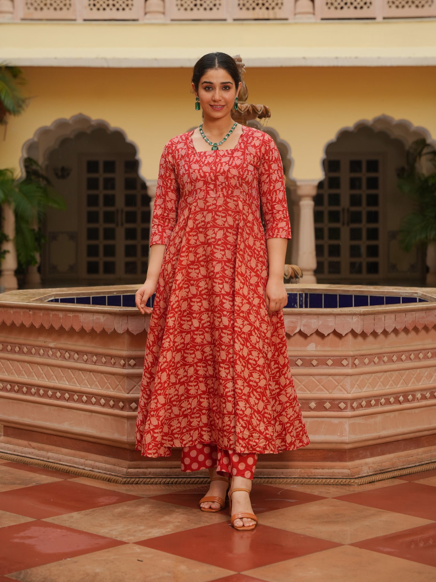 Soft Cotton Floral Flared Rust Kurta
