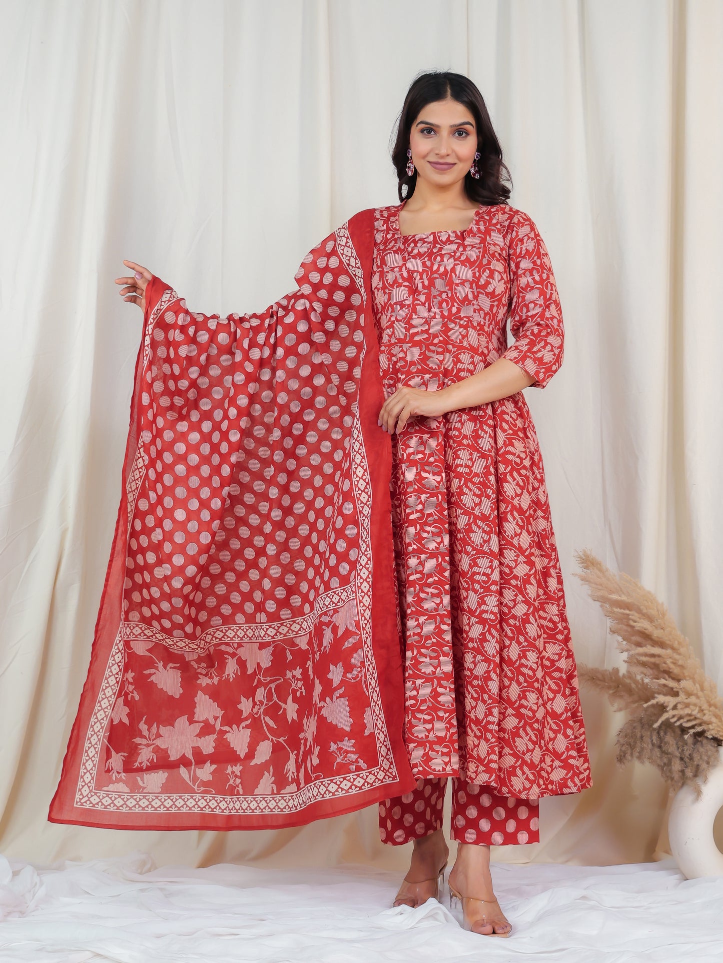 Soft Cotton Floral Flared Rust Kurta