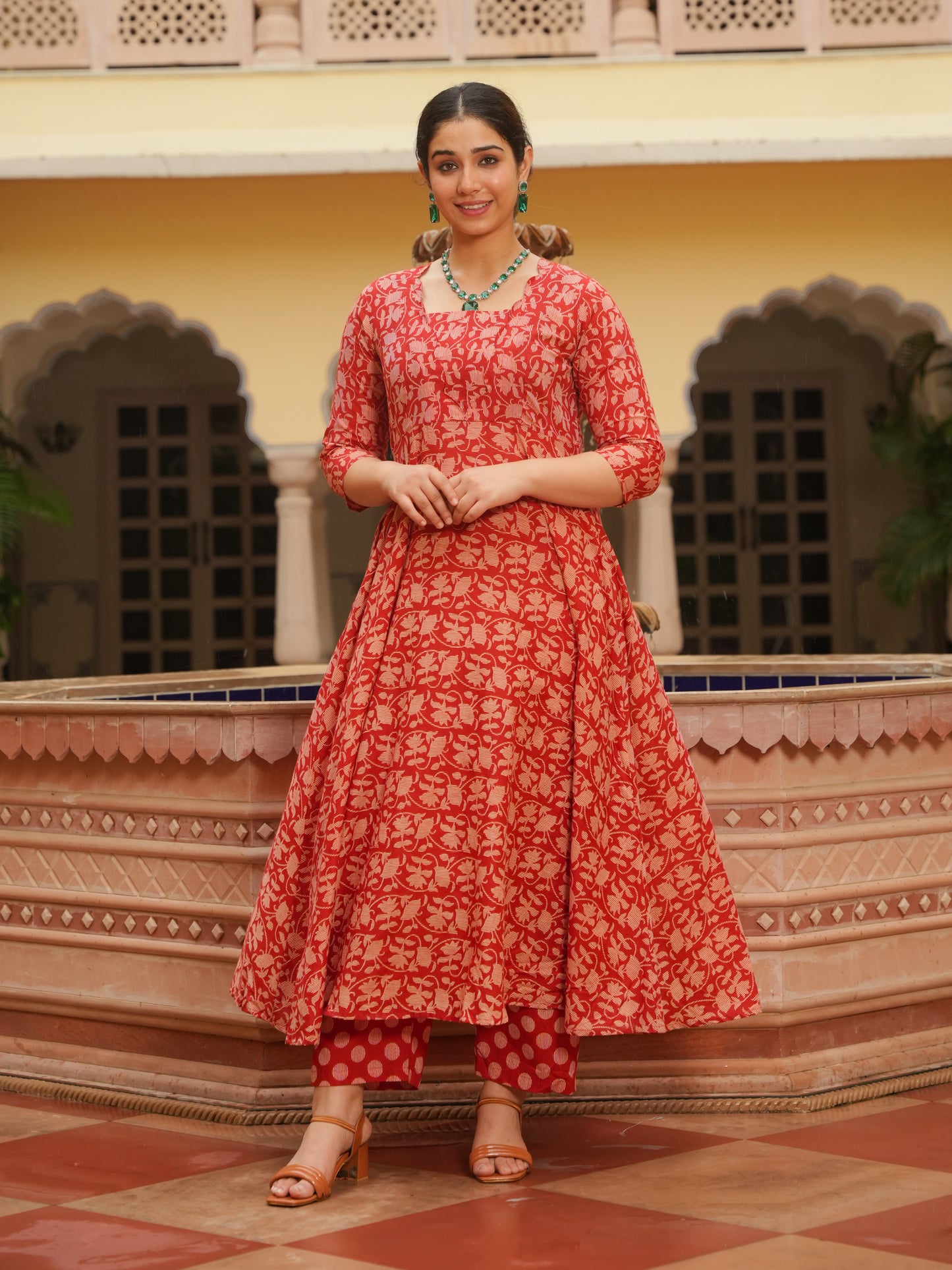 Soft Cotton Floral Flared Rust Kurta