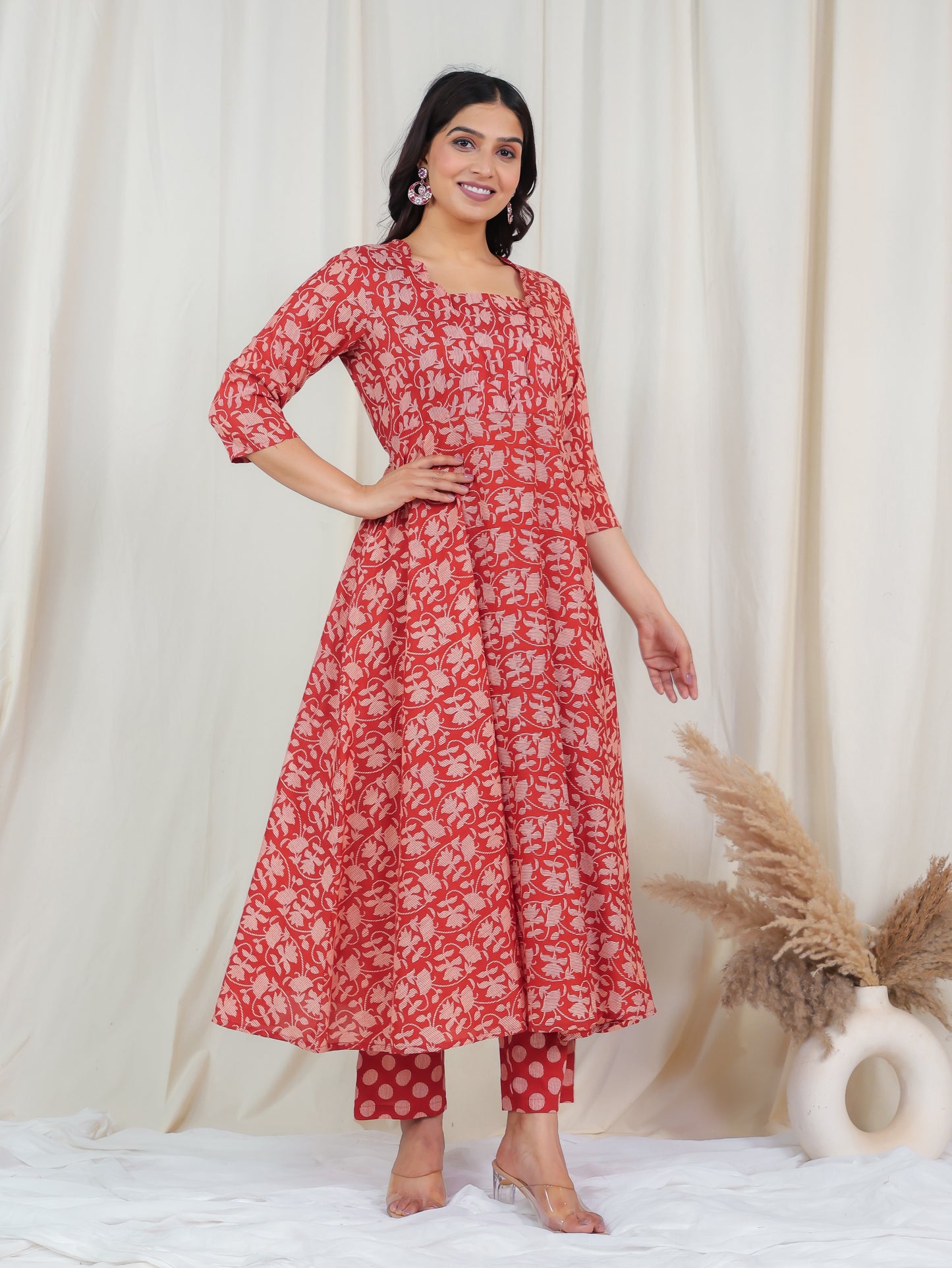 Soft Cotton Floral Flared Rust Kurta
