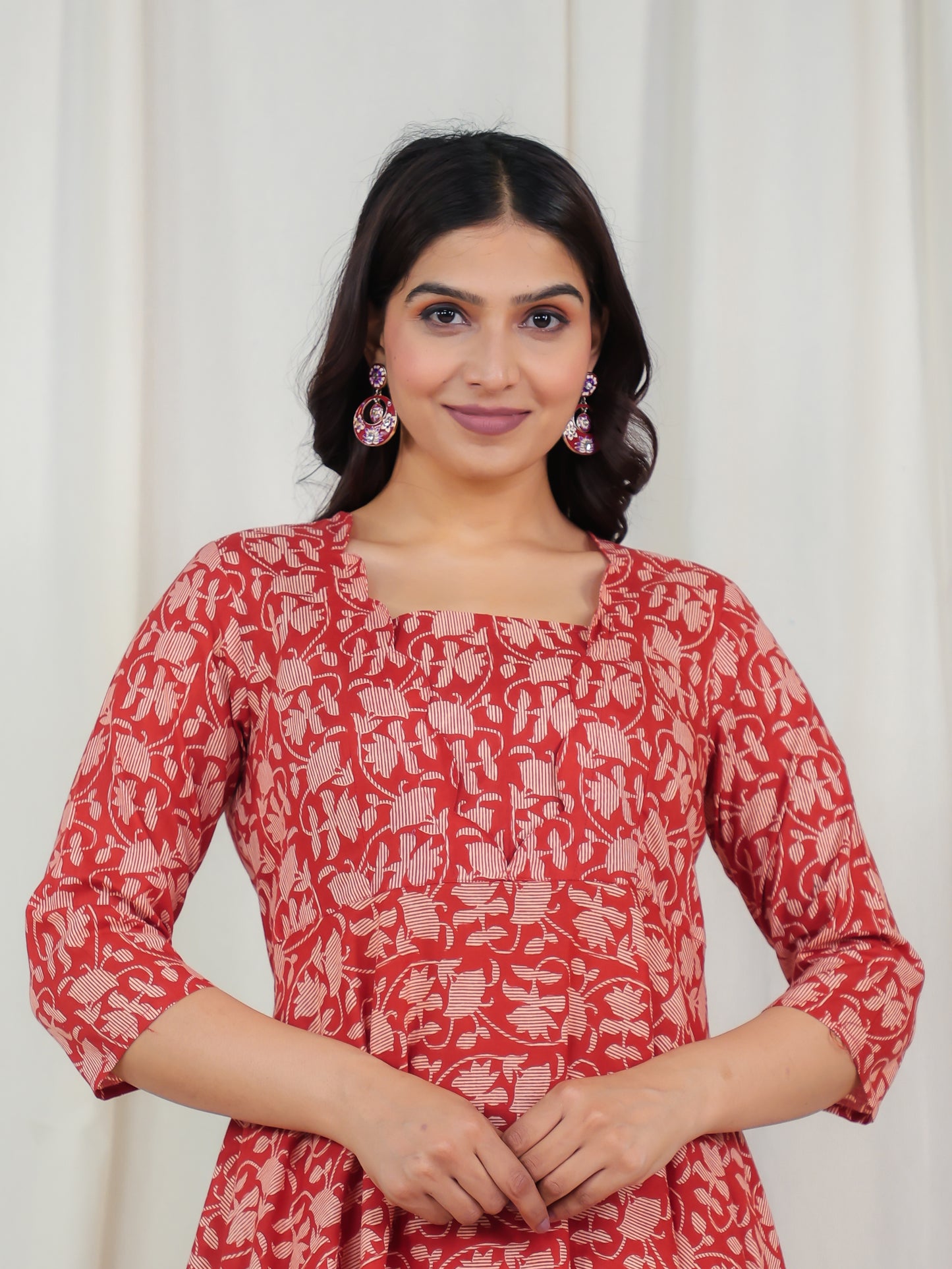 Soft Cotton Floral Flared Rust Kurta