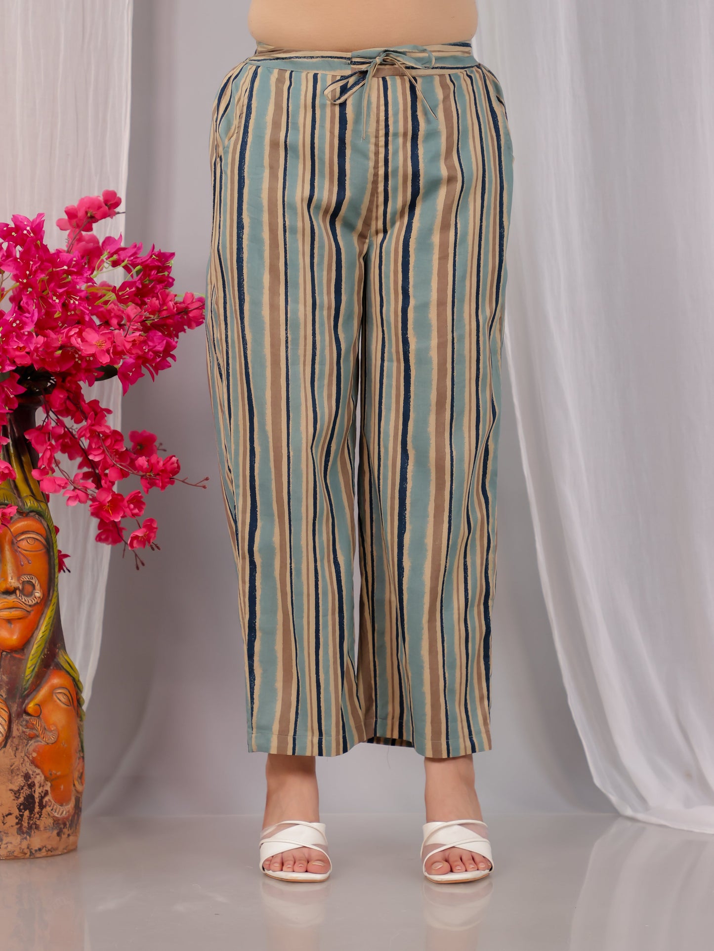 Soft Cotton Striped Blue Straight Straight Trousers