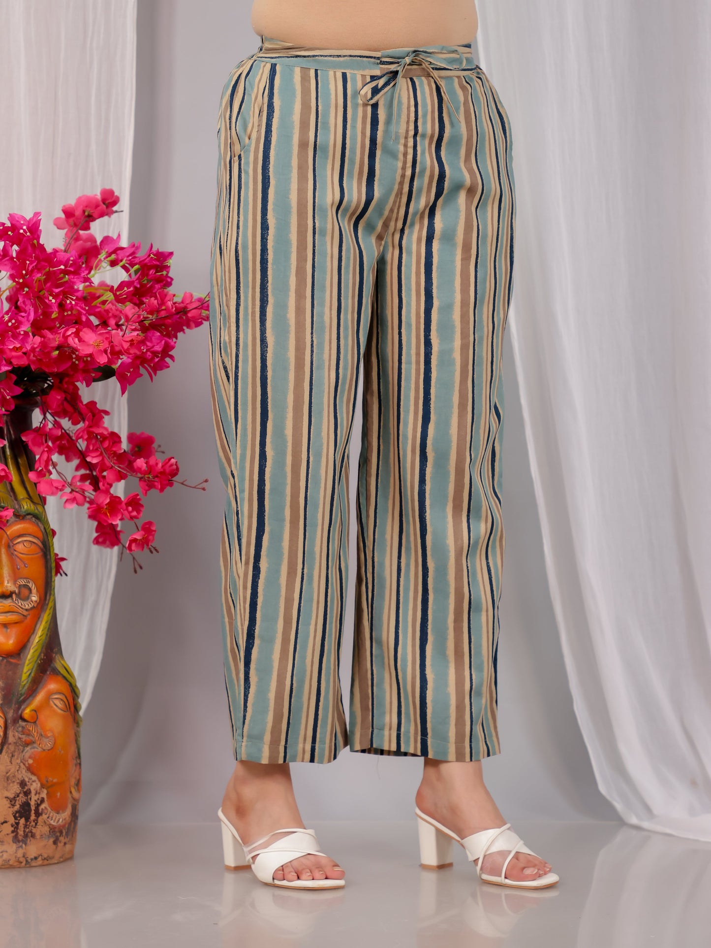 Soft Cotton Striped Blue Straight Straight Trousers