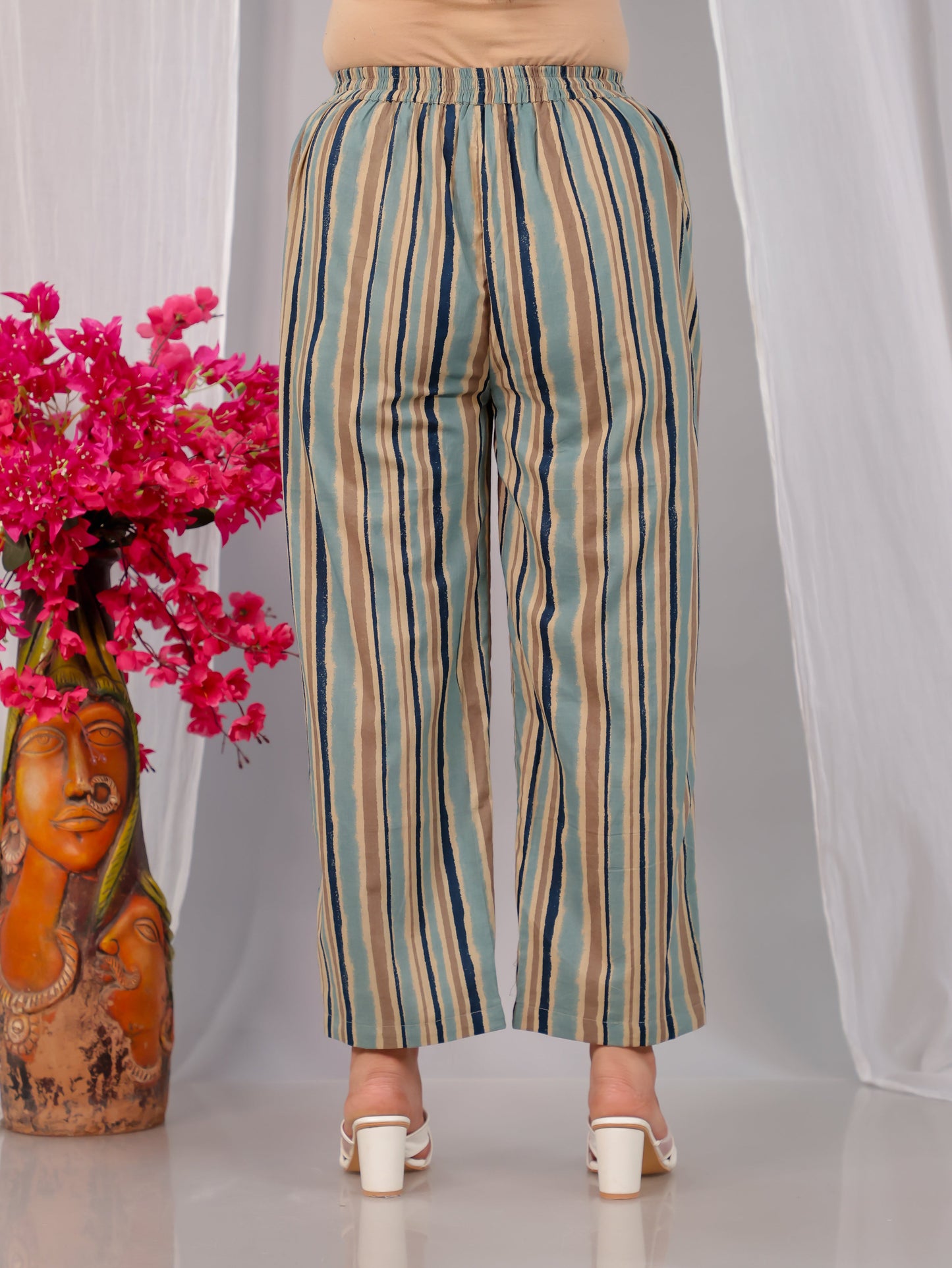 Soft Cotton Striped Blue Straight Straight Trousers