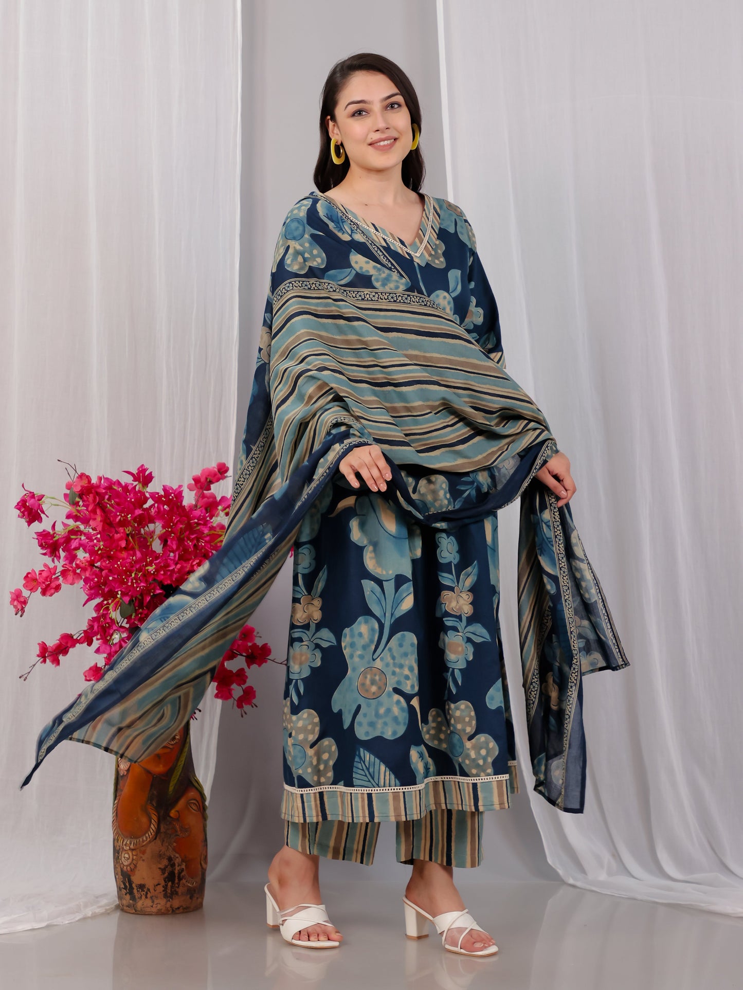 Cotton Voile Striped Blue Dupatta