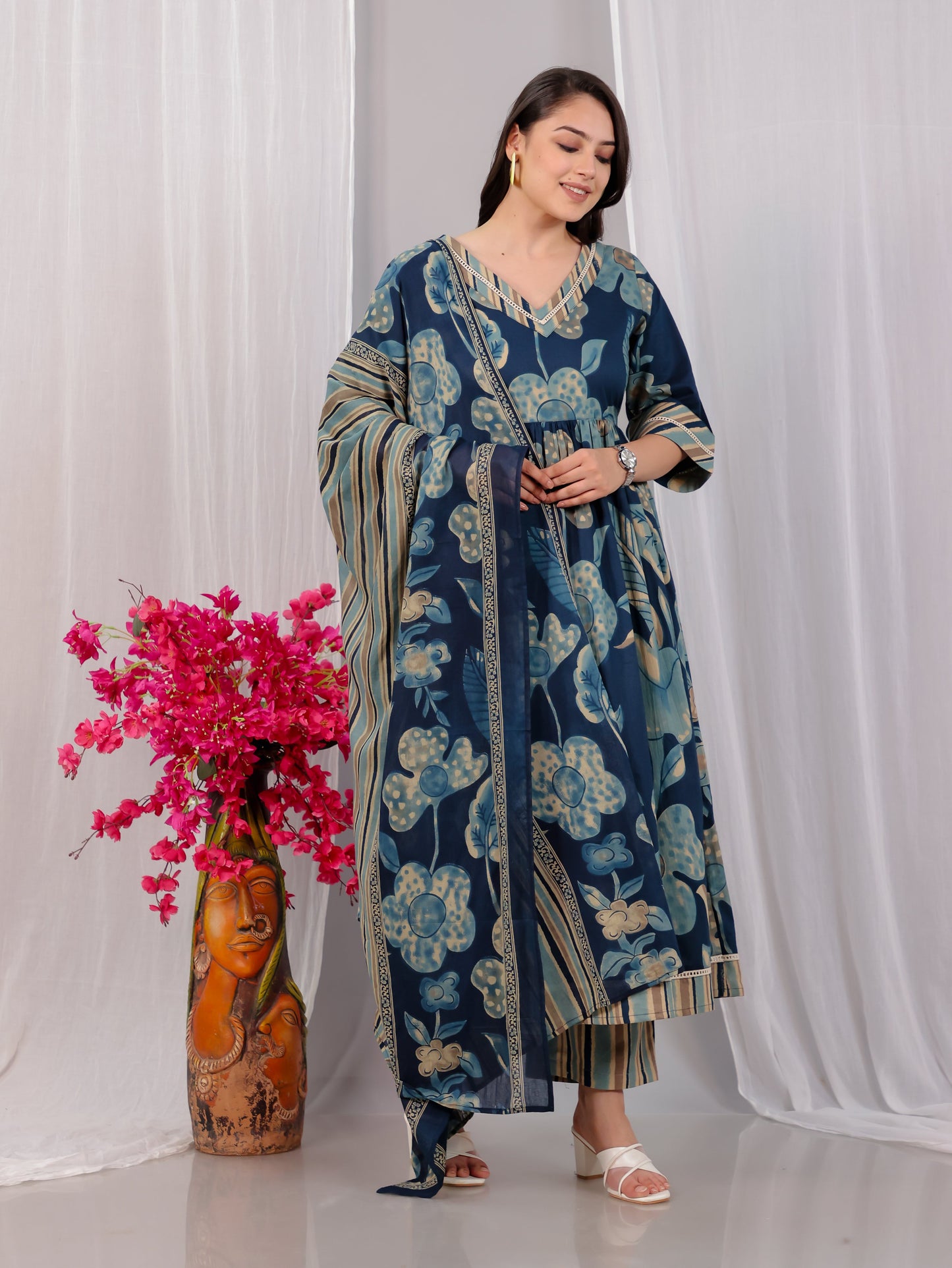 Cotton Voile Striped Blue Dupatta