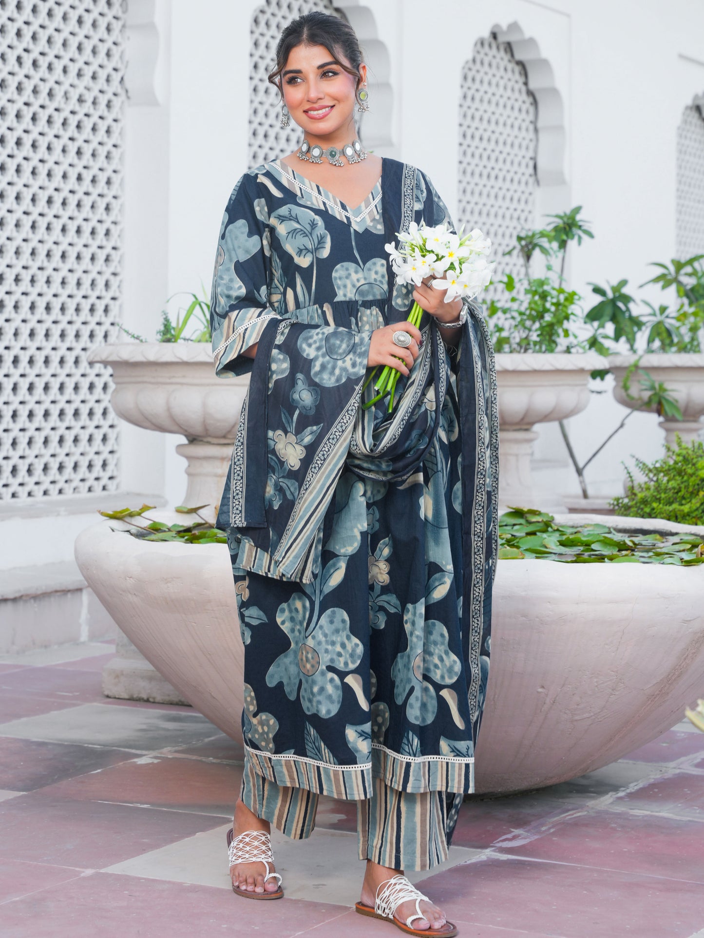Soft Cotton Floral Anarkali Blue Kurta