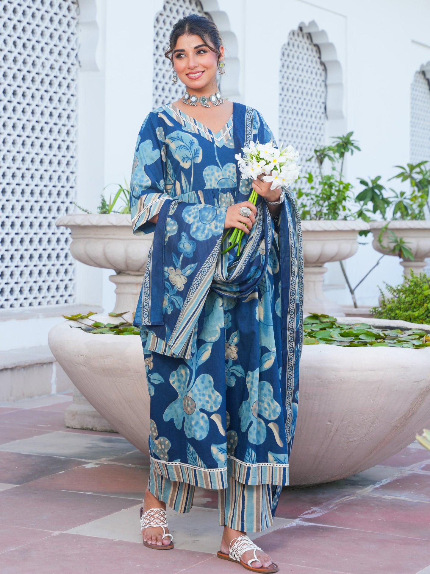 Soft Cotton Floral Anarkali Blue Kurta