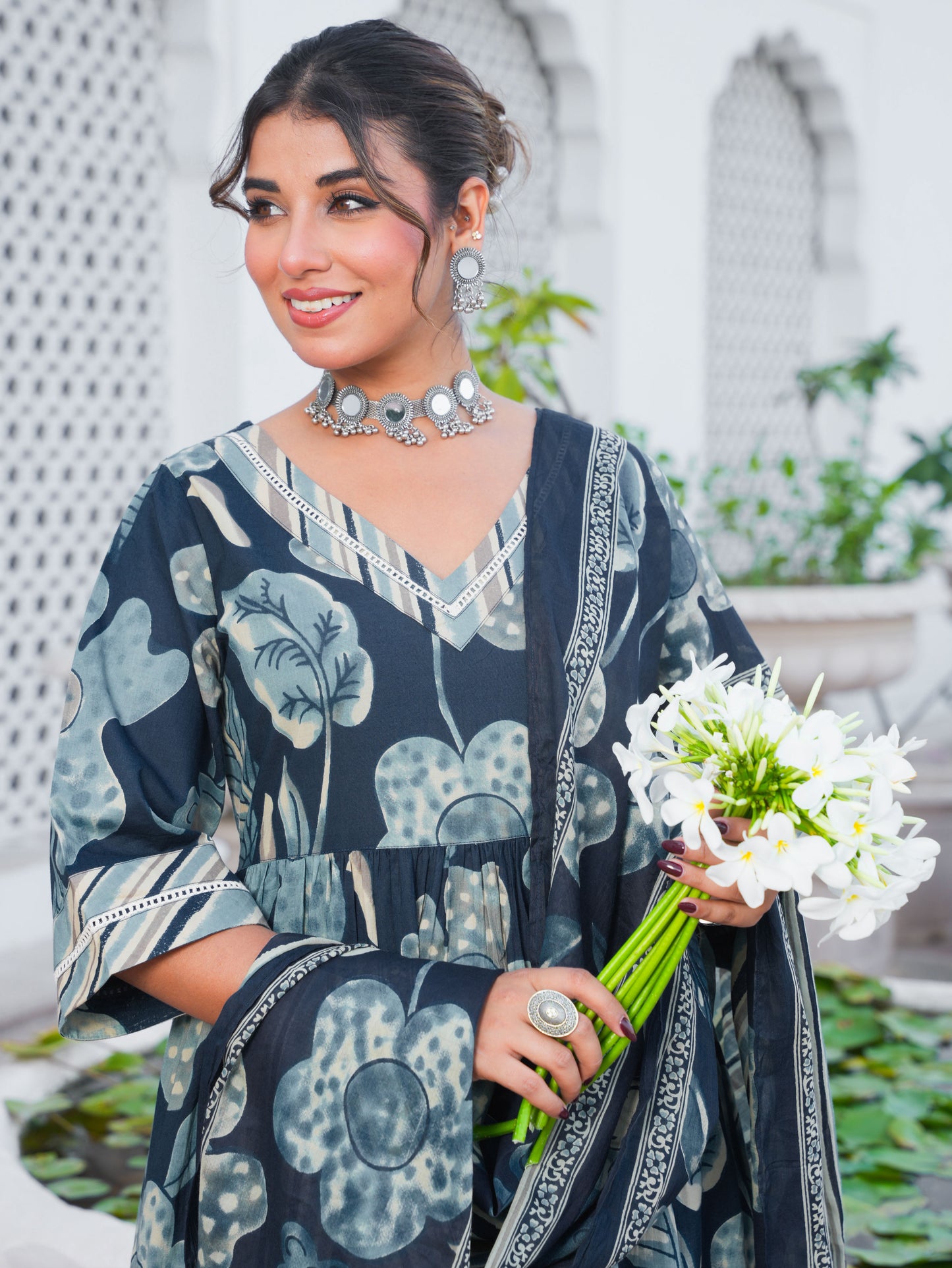 Soft Cotton Floral Anarkali Blue Kurta