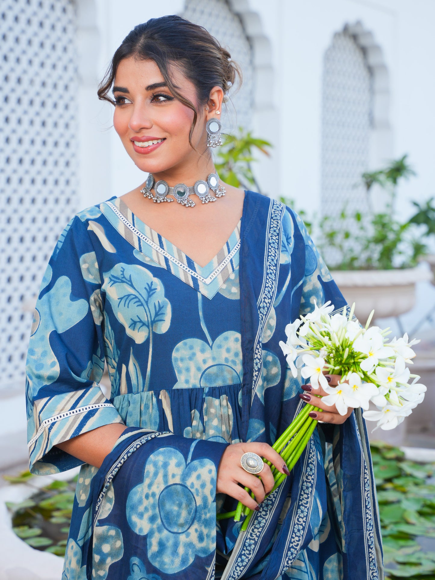 Soft Cotton Floral Anarkali Blue Kurta