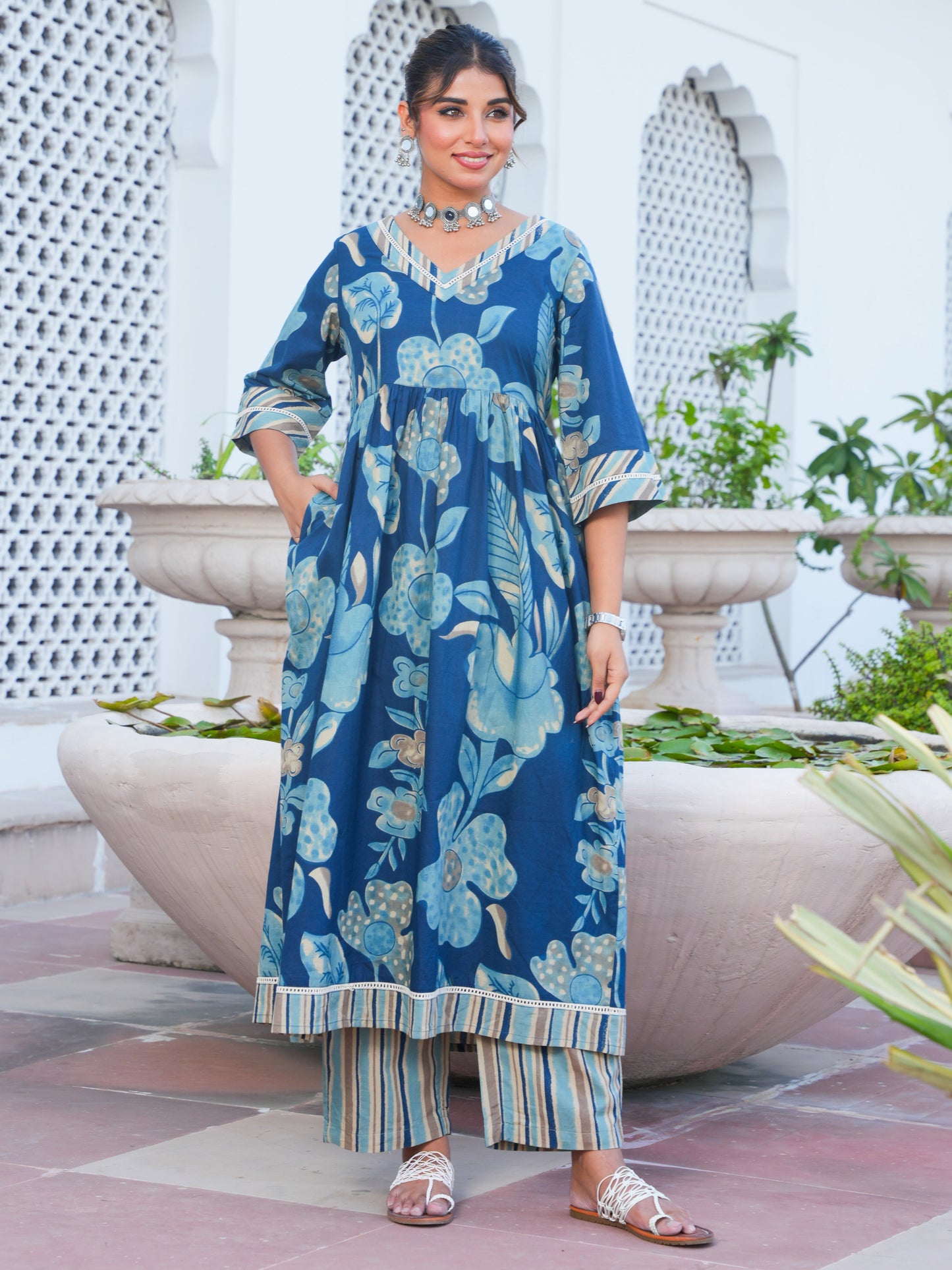 Soft Cotton Floral Anarkali Blue Kurta