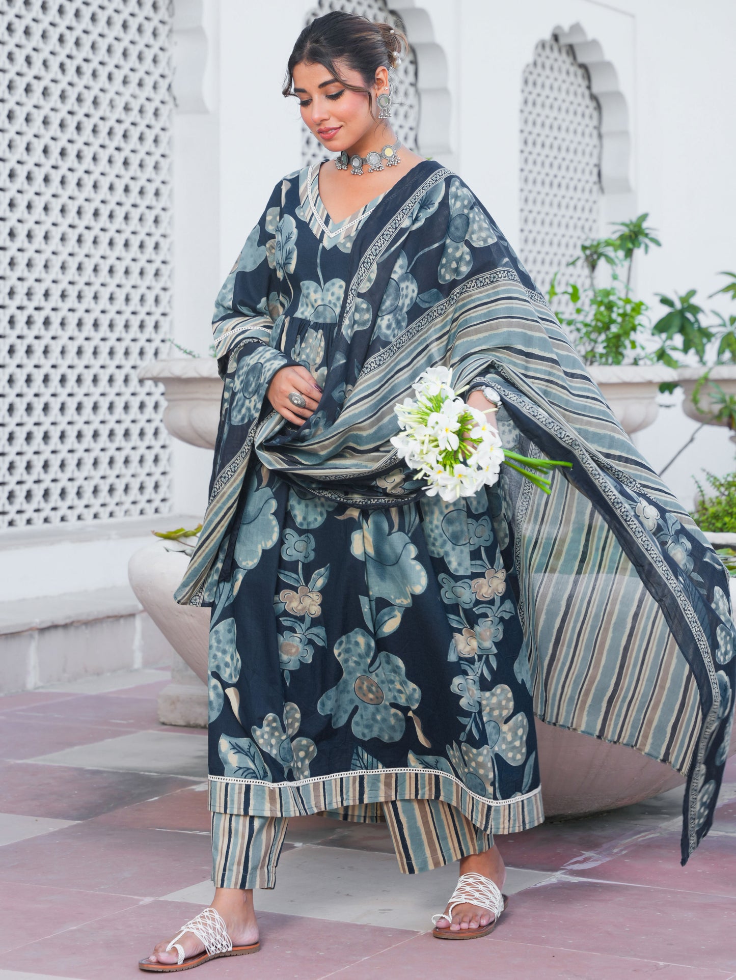 Soft Cotton Floral Anarkali Blue Kurta