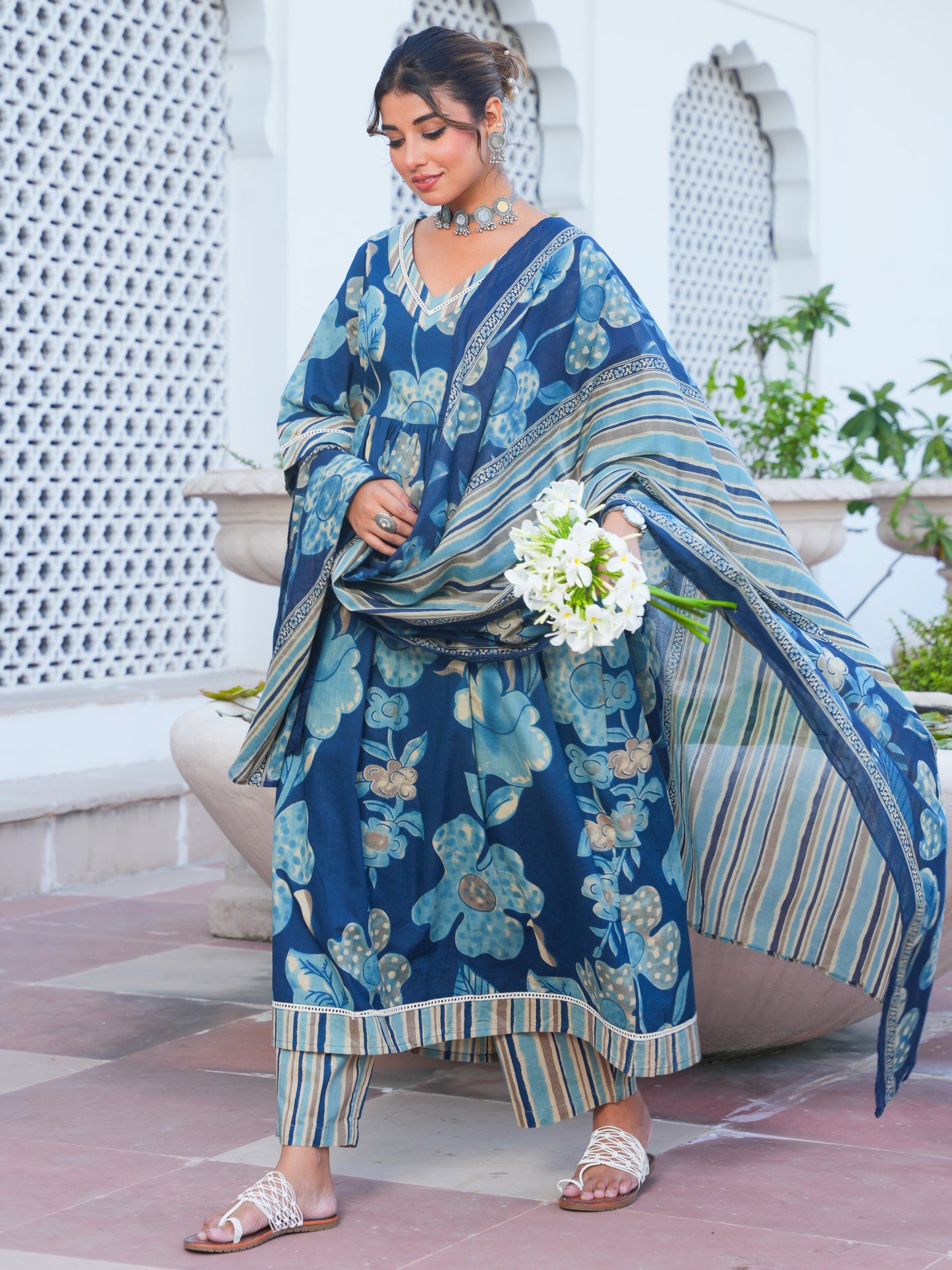 Soft Cotton Floral Anarkali Blue Kurta
