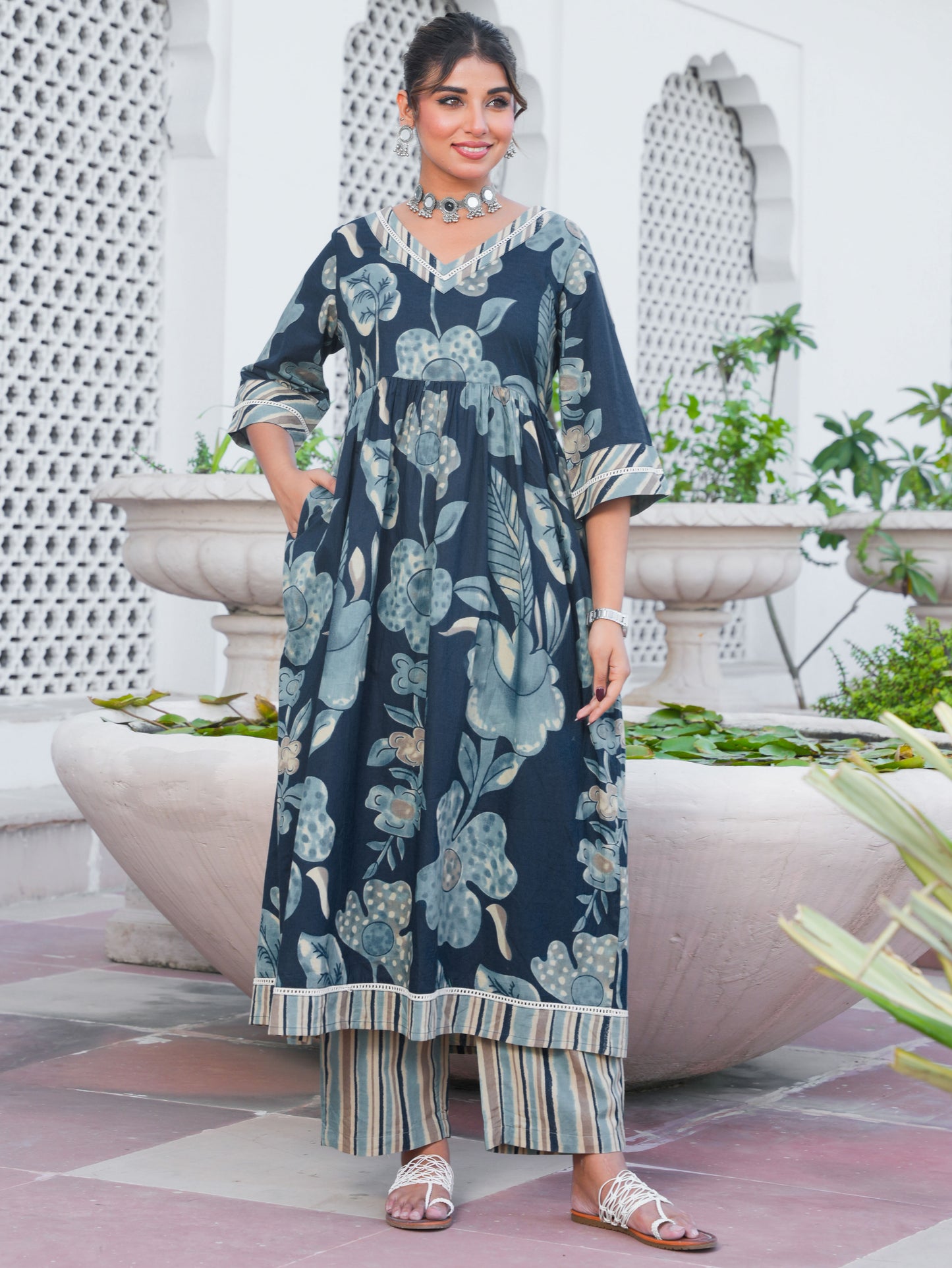 Soft Cotton Floral Anarkali Blue Kurta