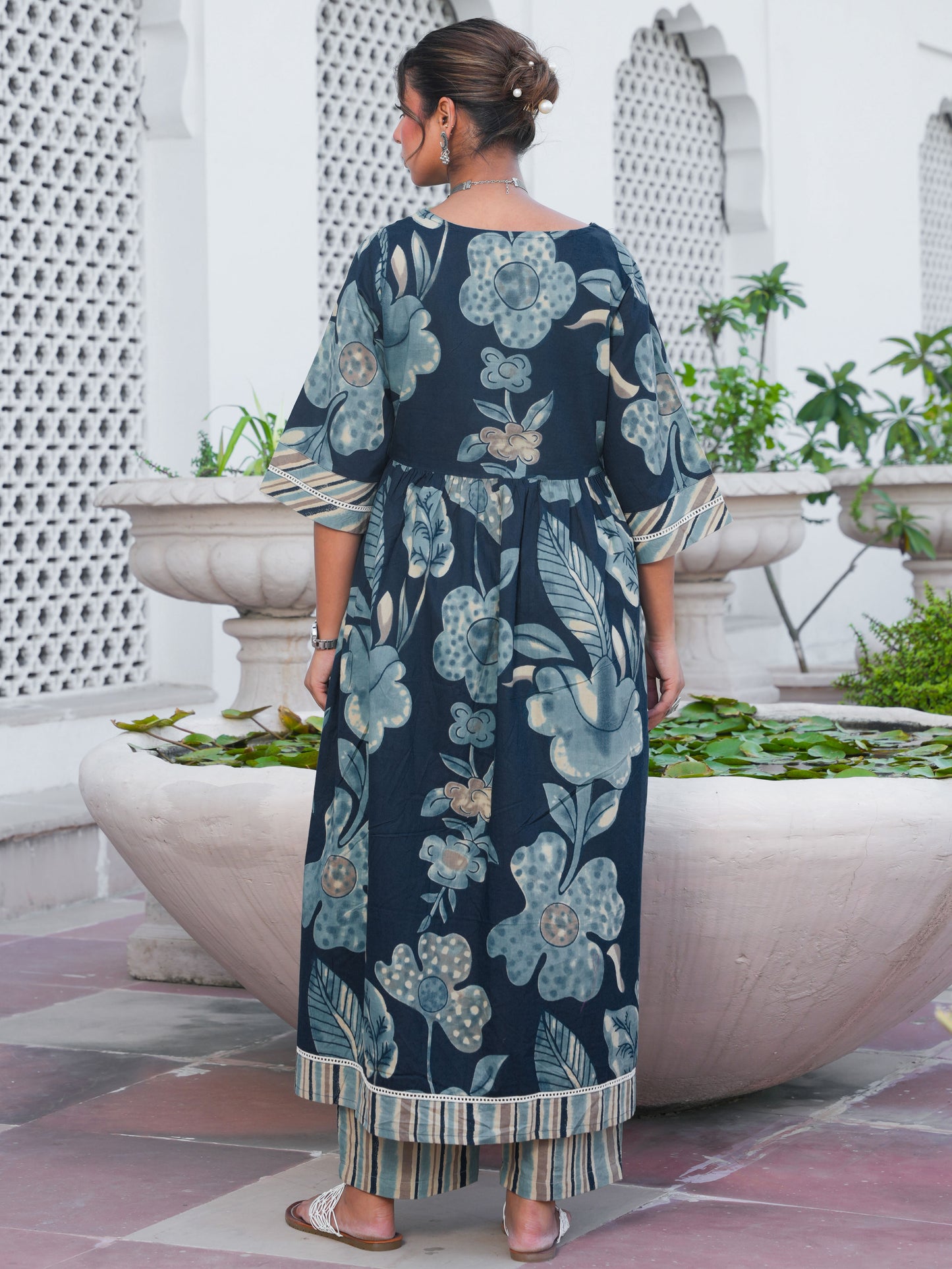 Soft Cotton Floral Anarkali Blue Kurta