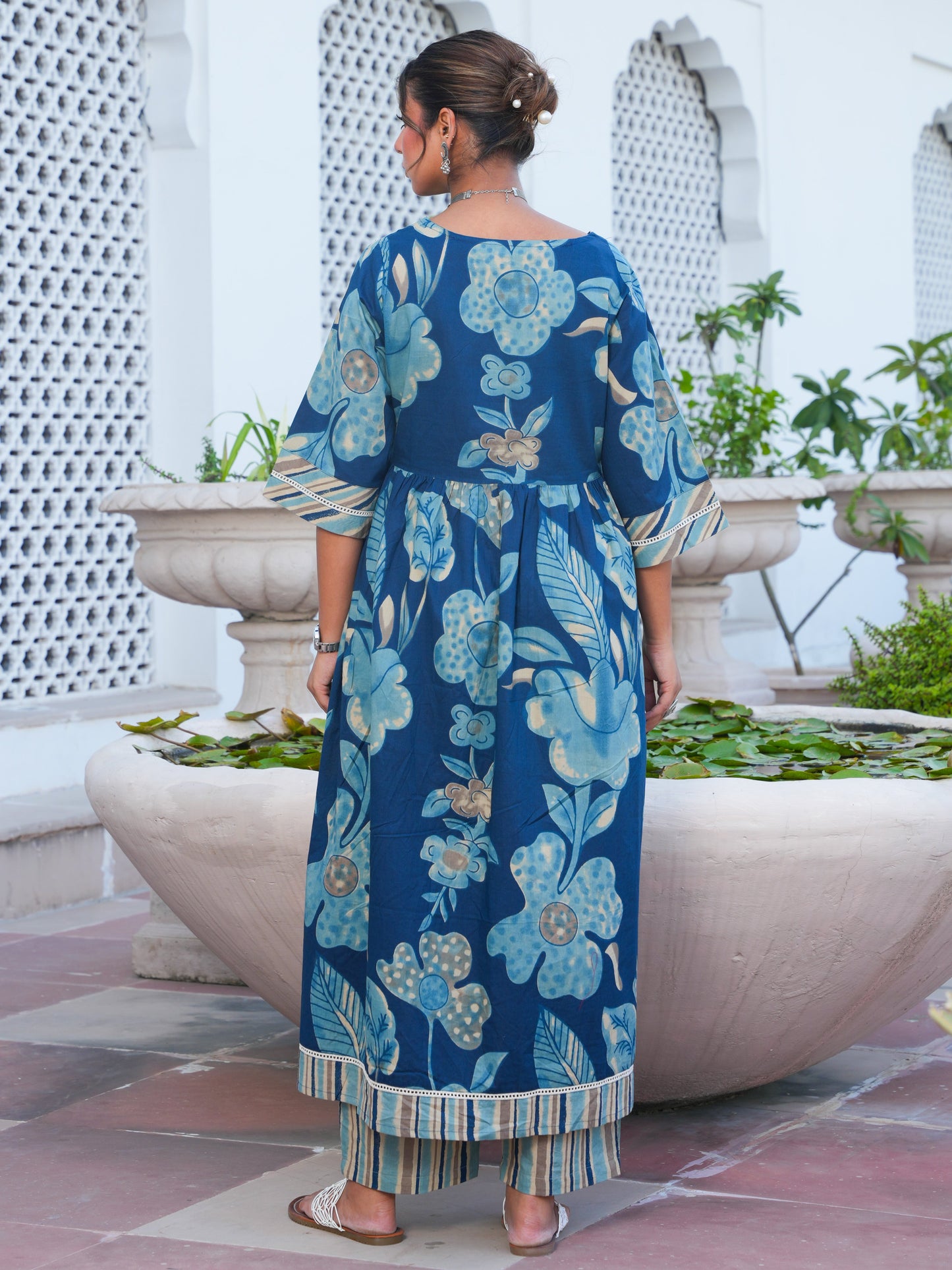Soft Cotton Floral Anarkali Blue Kurta