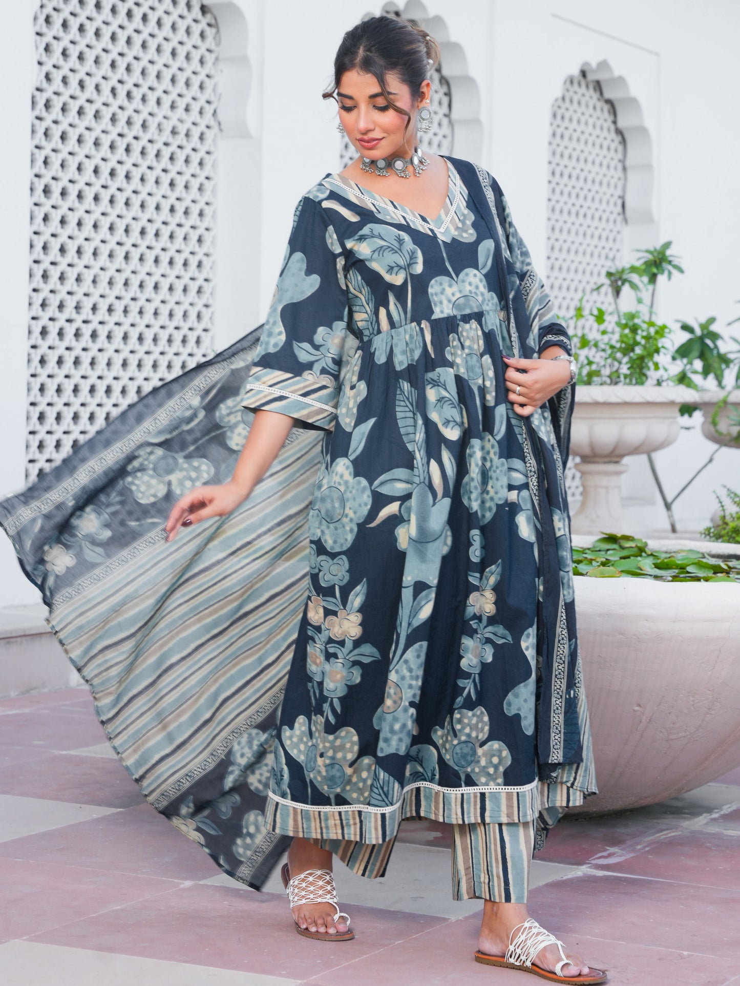 Soft Cotton Floral Anarkali Blue Kurta