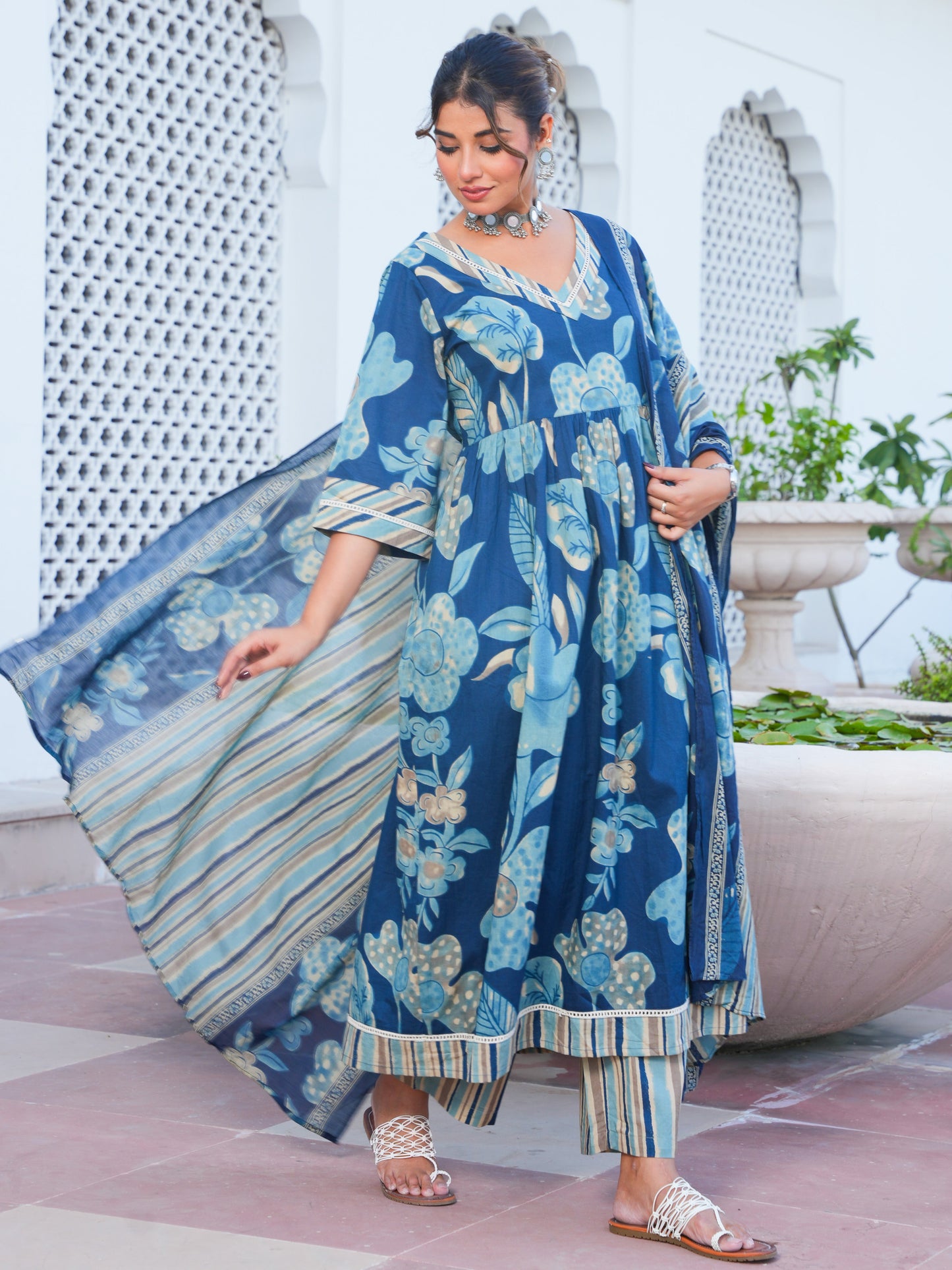 Soft Cotton Floral Anarkali Blue Kurta
