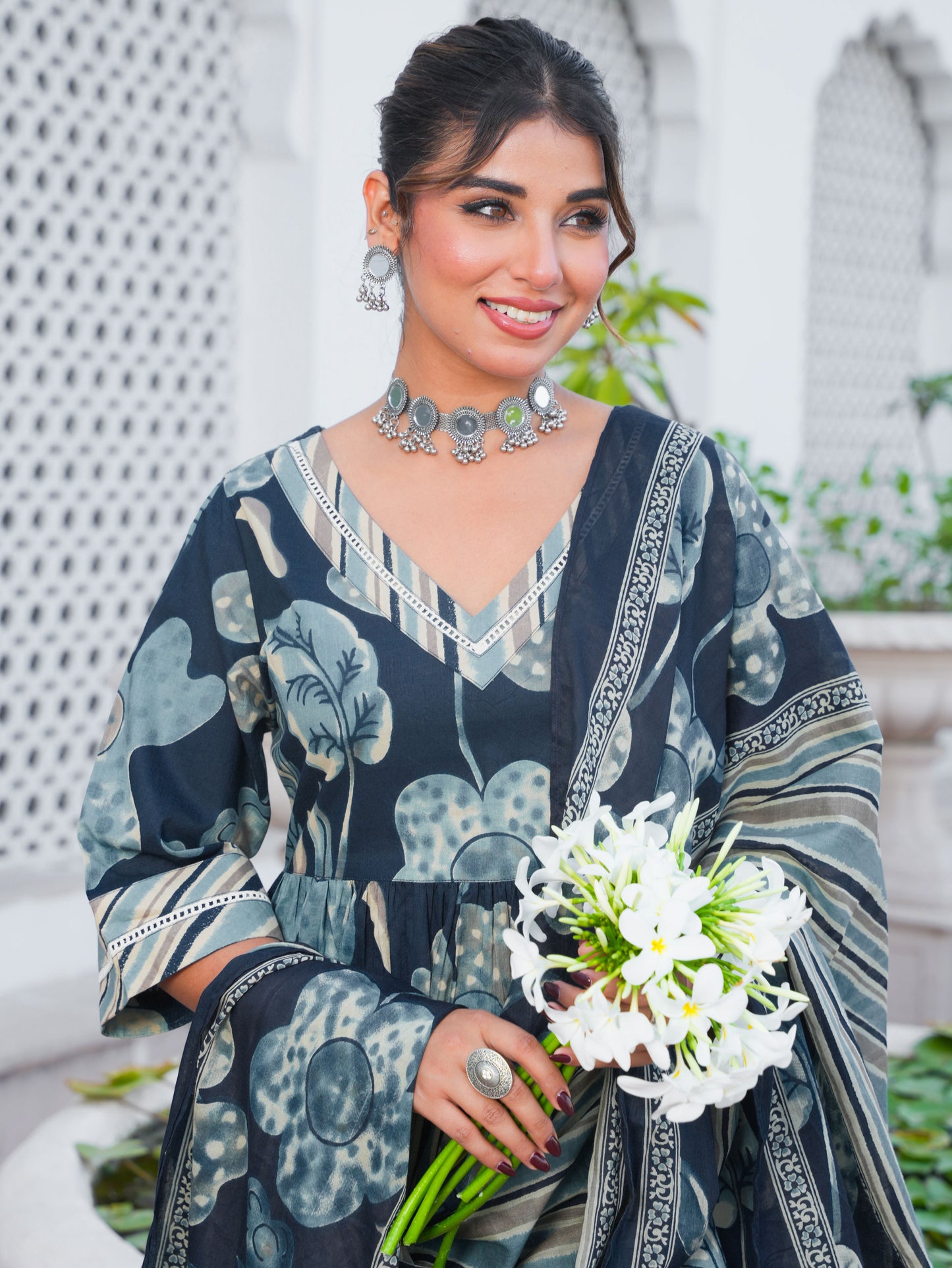 Soft Cotton Floral Anarkali Blue Kurta