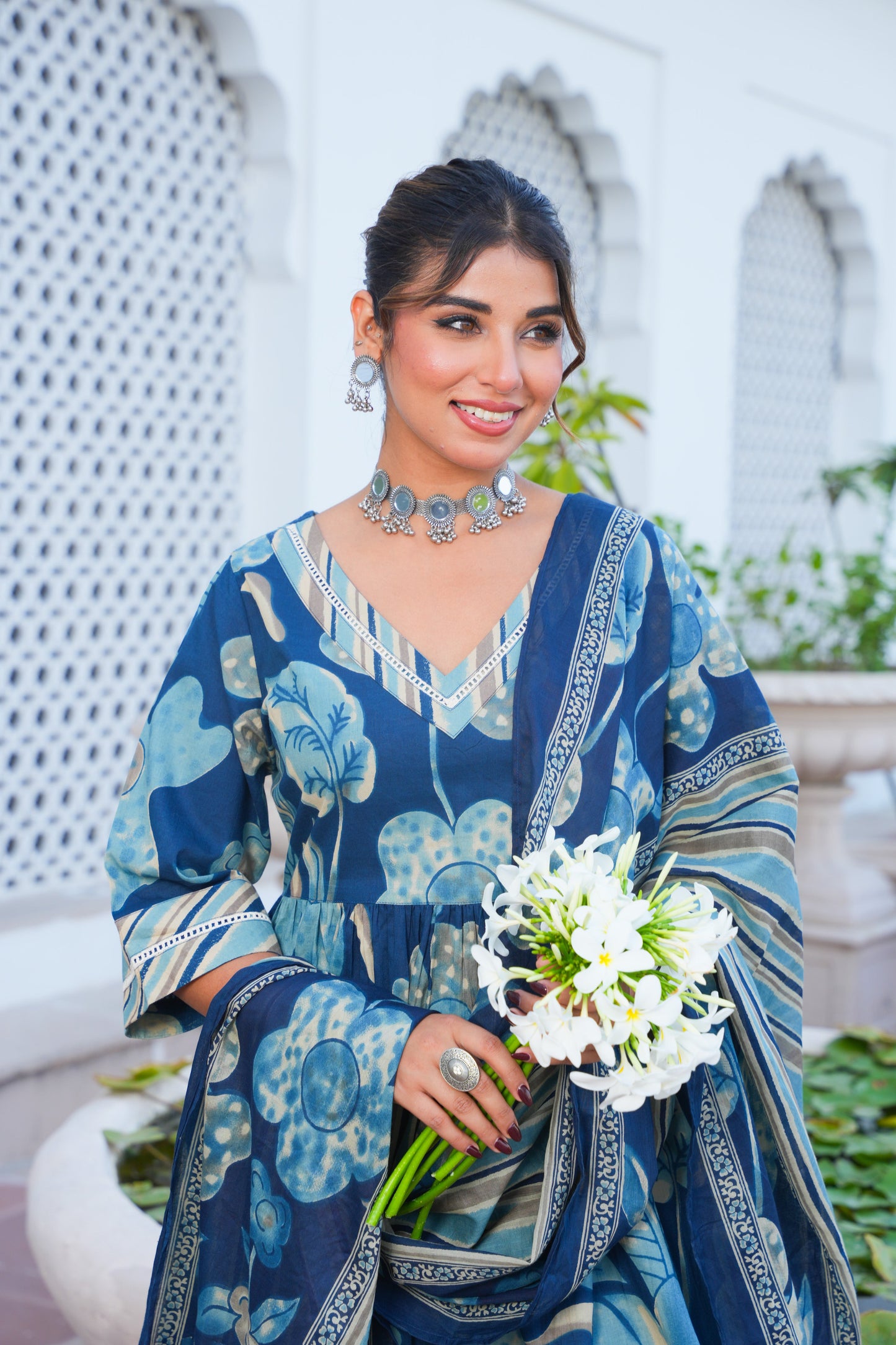 Soft Cotton Floral Anarkali Blue Kurta
