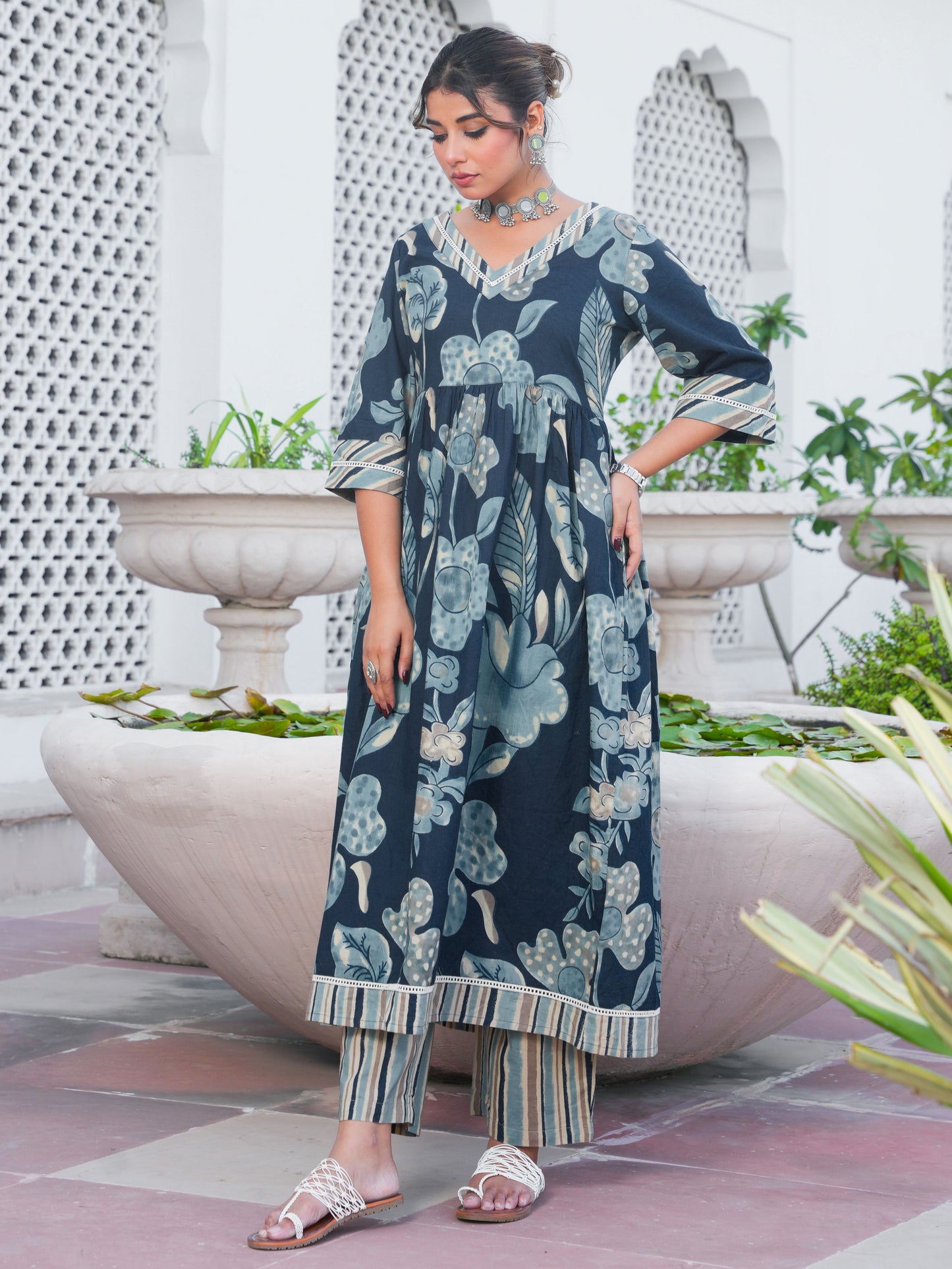Soft Cotton Floral Anarkali Blue Kurta