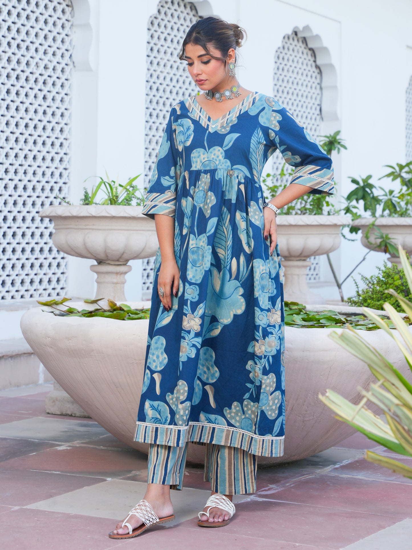 Soft Cotton Floral Anarkali Blue Kurta