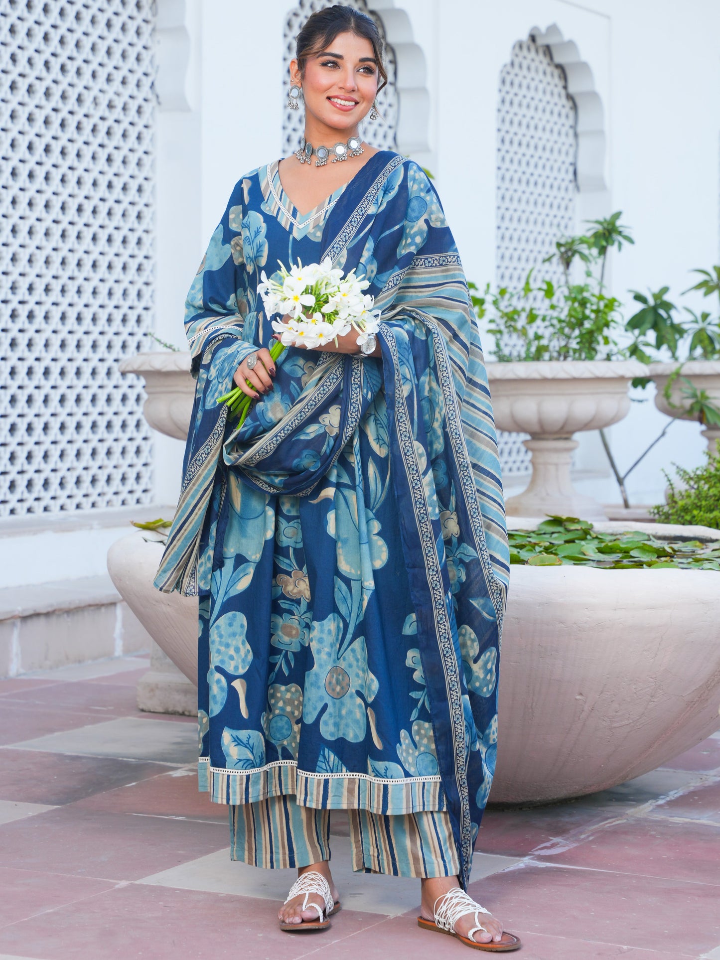 Soft Cotton Floral Anarkali Blue Kurta