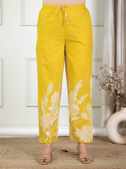 Soft Cotton Placement Print Yellow Straight Trousers