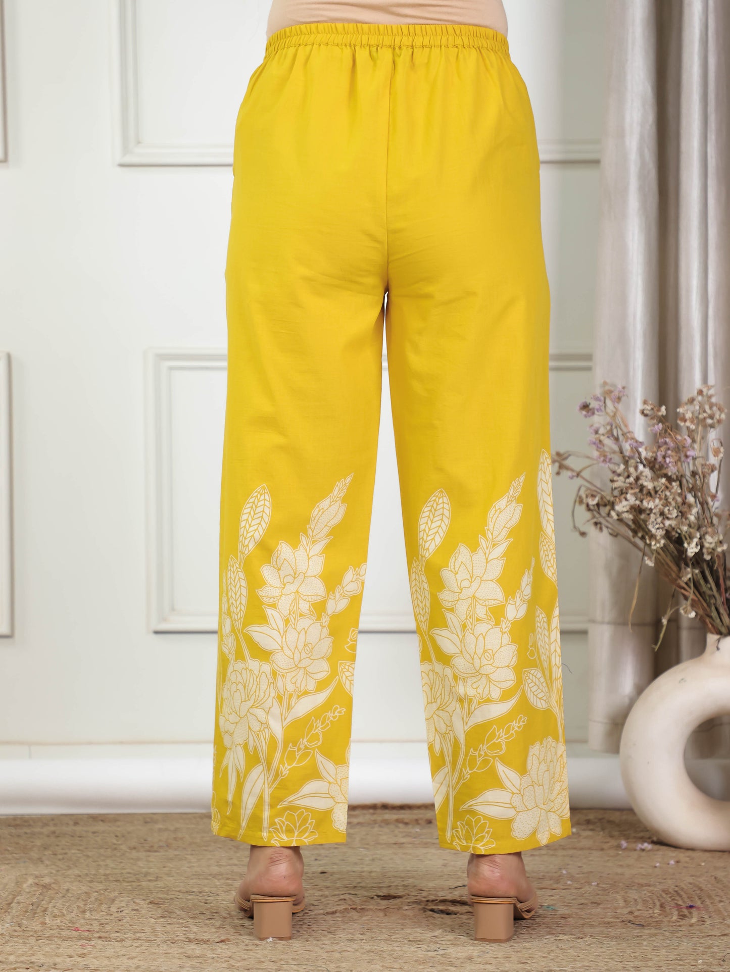 Soft Cotton Placement Print Yellow Straight Trousers