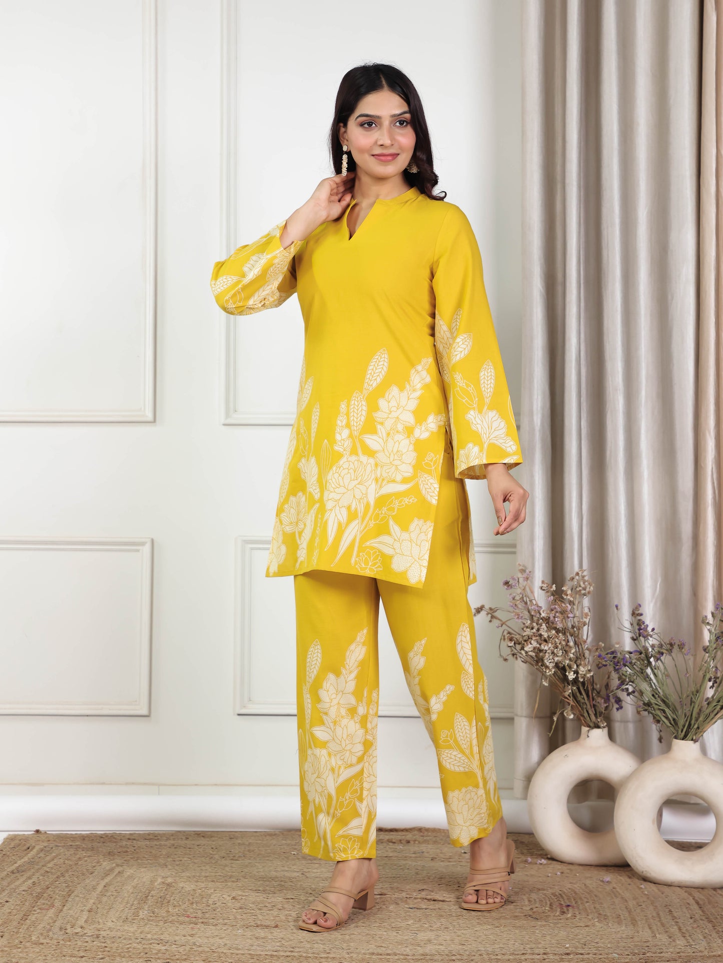 Soft Cotton Placement Print Straight Yellow Kurta