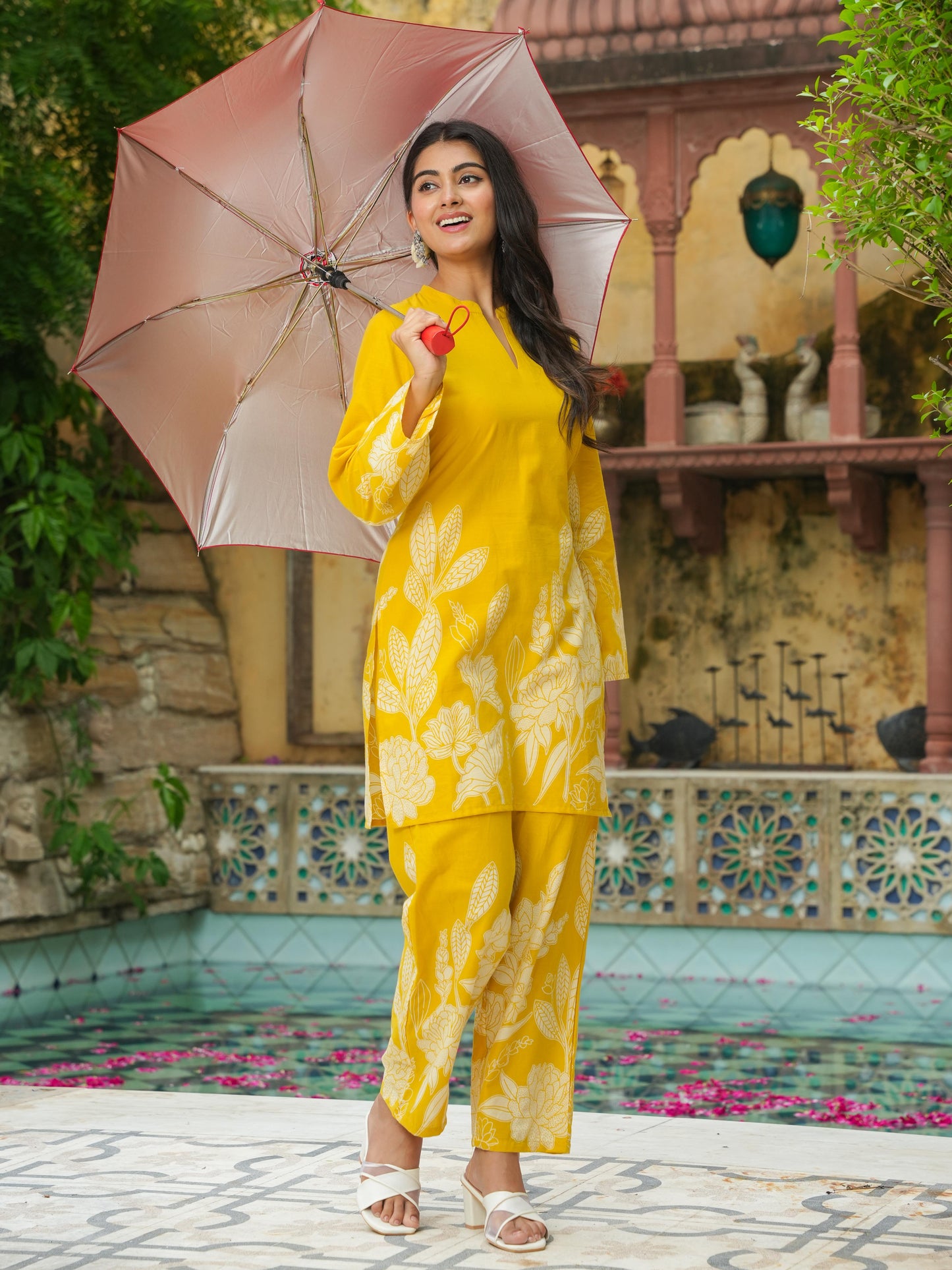 Soft Cotton Placement Print Straight Yellow Kurta