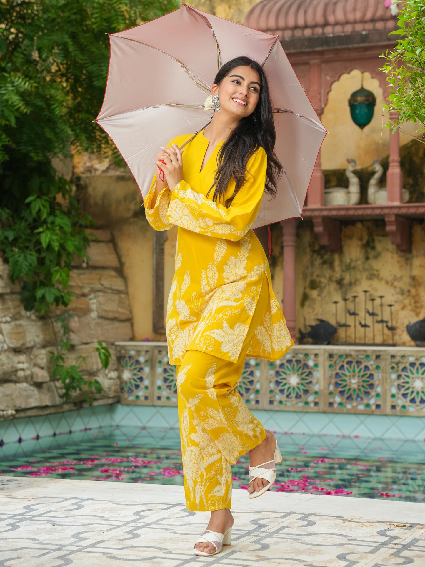 Soft Cotton Placement Print Straight Yellow Kurta