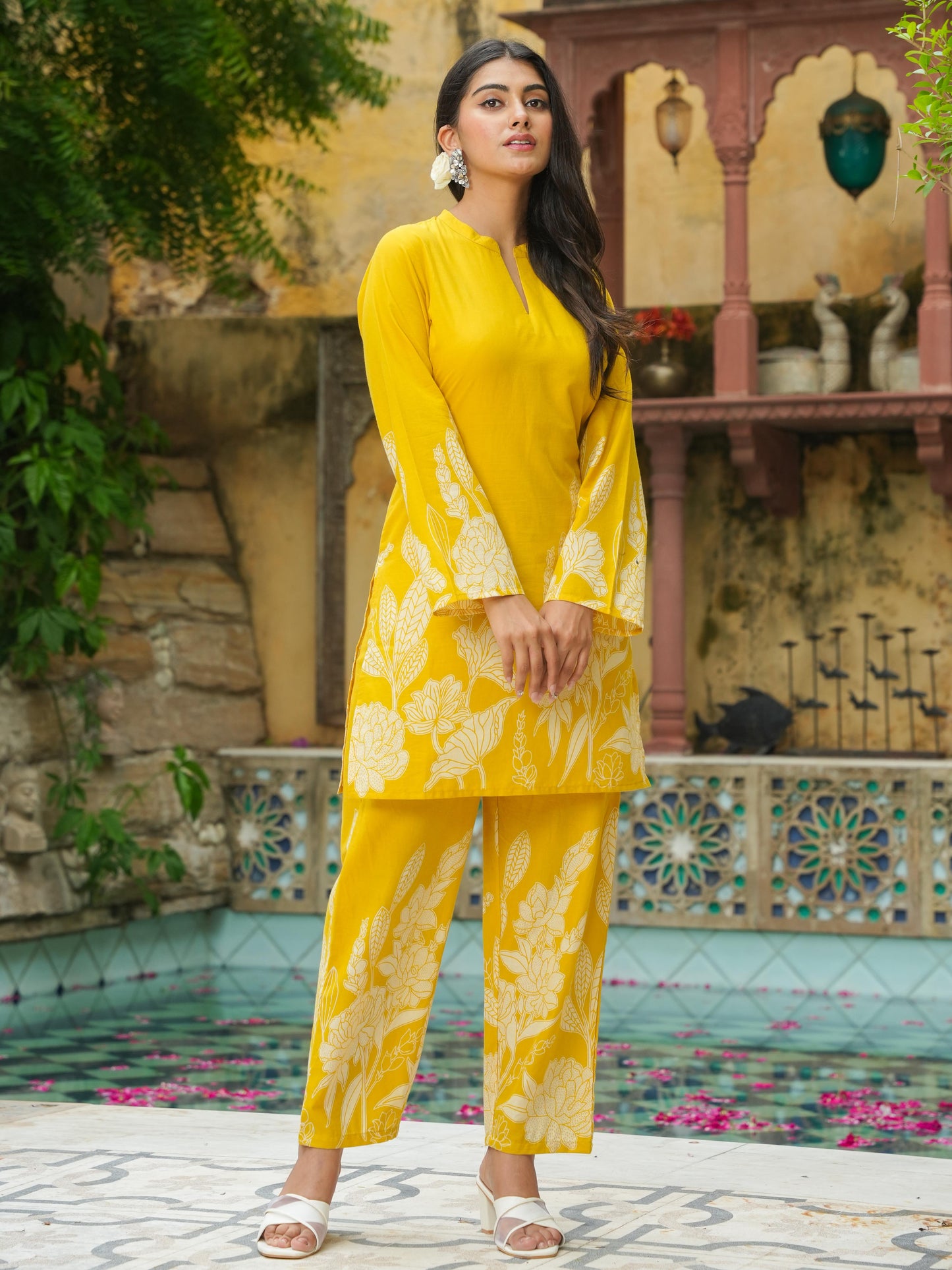 Soft Cotton Placement Print Straight Yellow Kurta