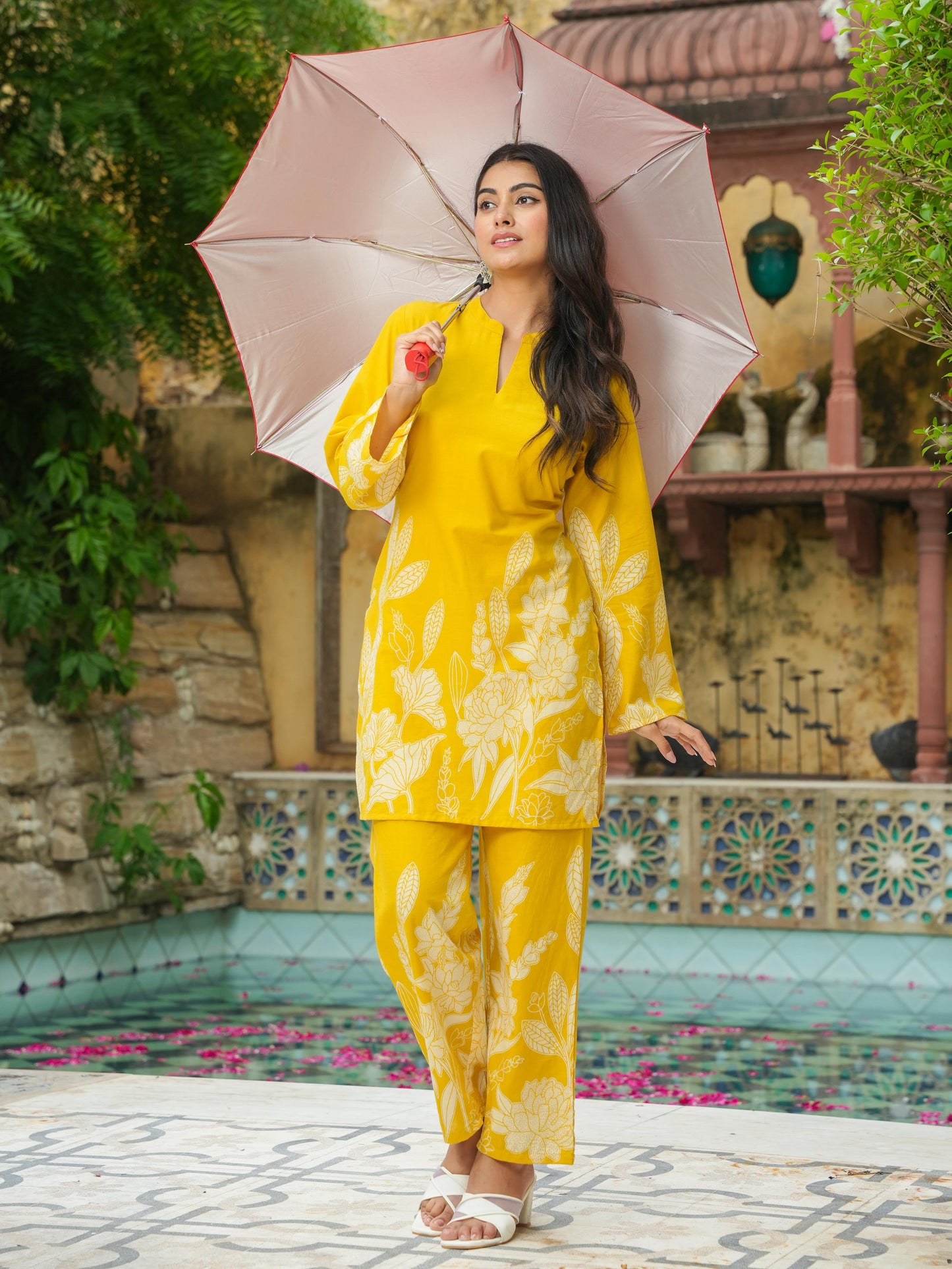 Soft Cotton Placement Print Straight Yellow Kurta