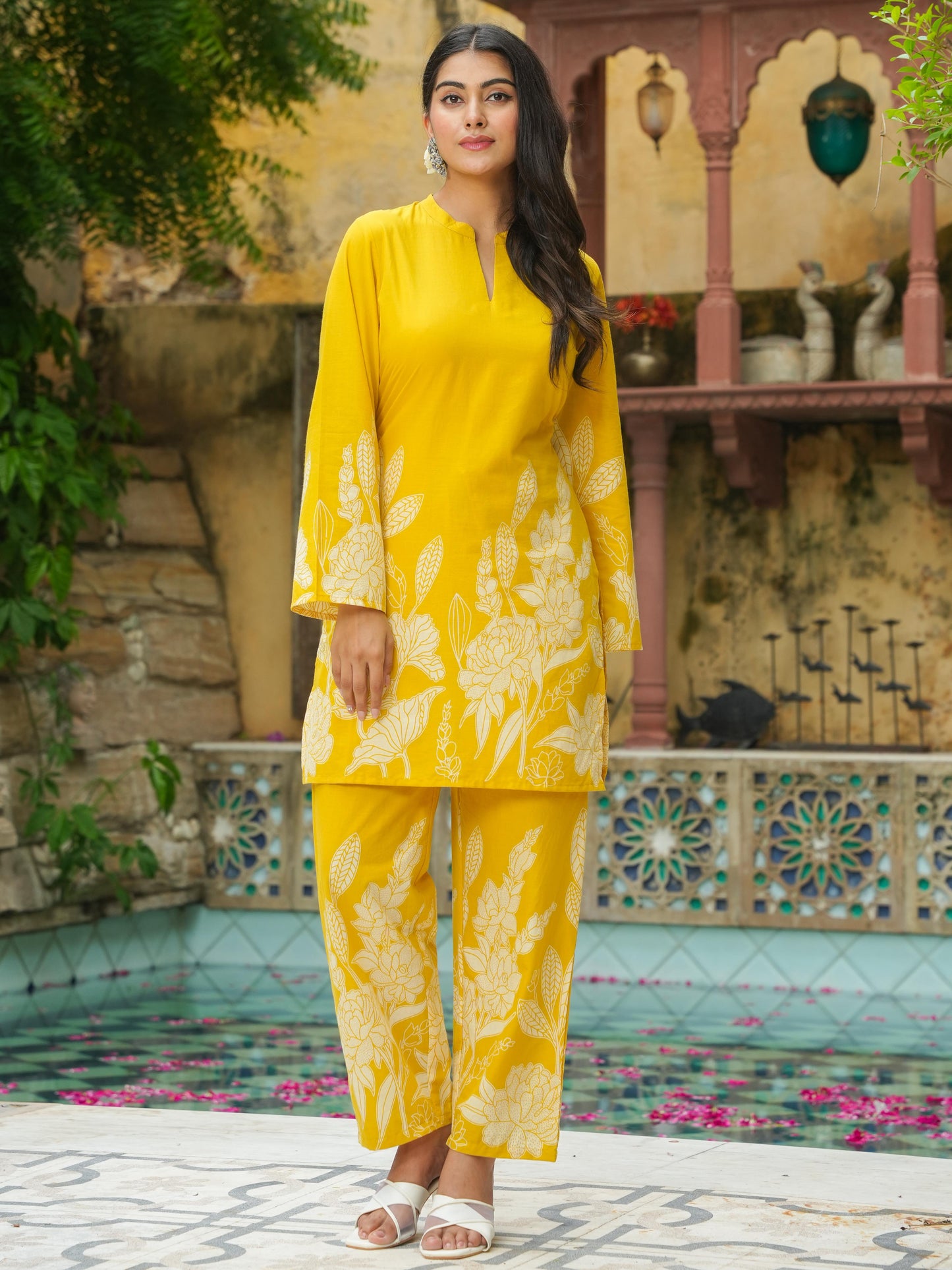 Soft Cotton Placement Print Straight Yellow Kurta