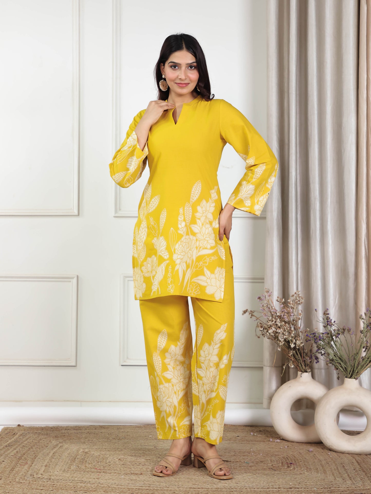 Soft Cotton Placement Print Straight Yellow Kurta