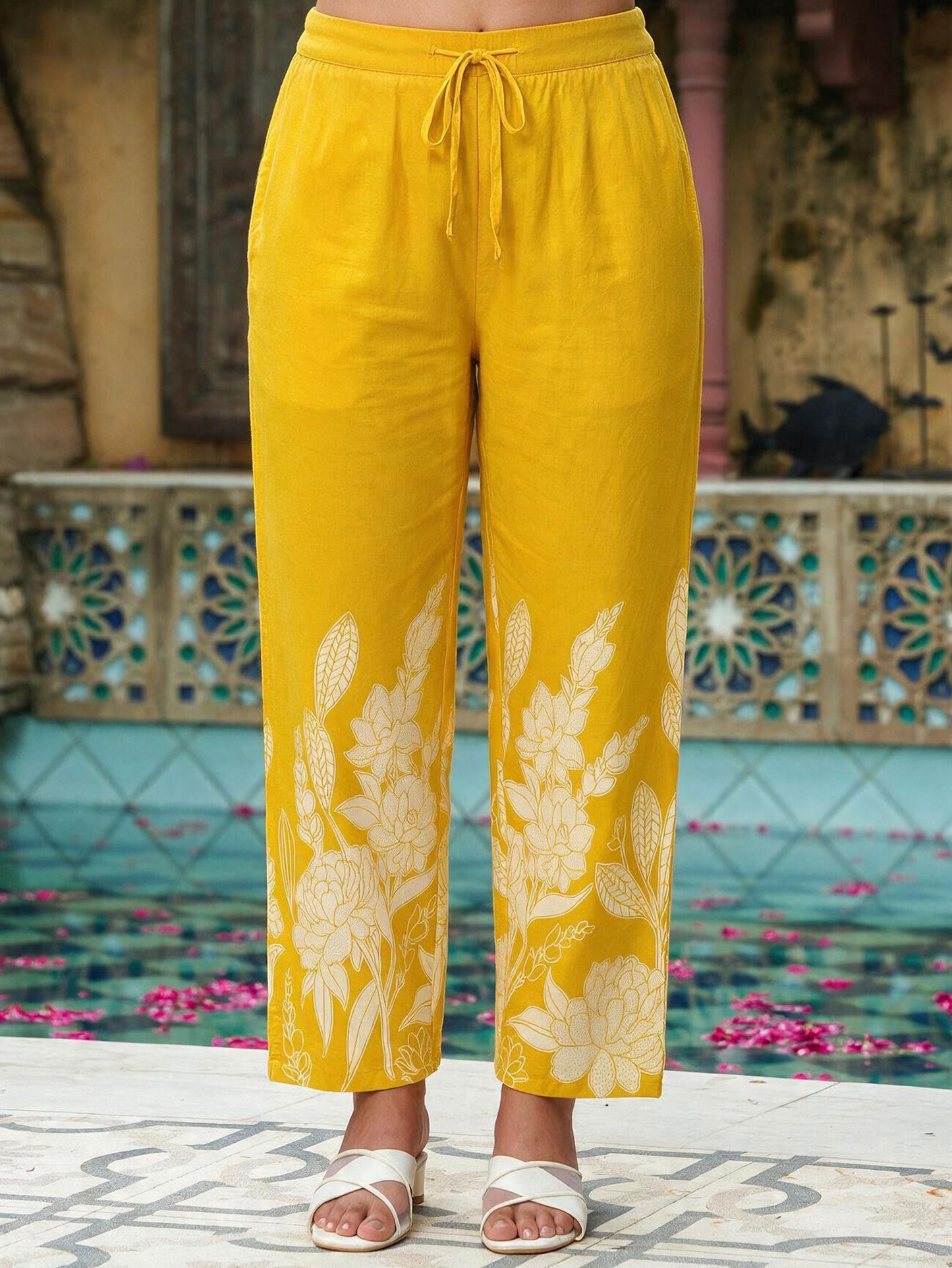 Soft Cotton Placement Print Yellow Straight Trousers