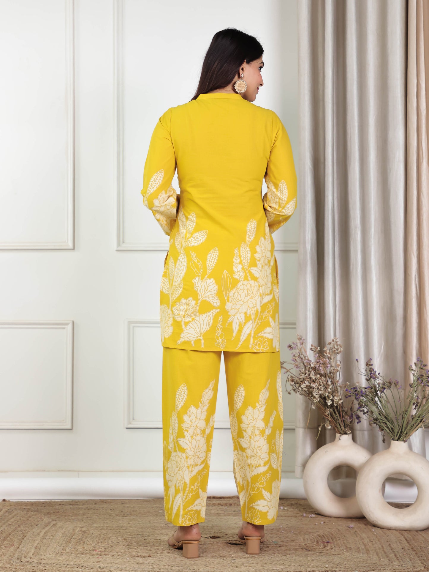 Soft Cotton Placement Print Straight Yellow Kurta