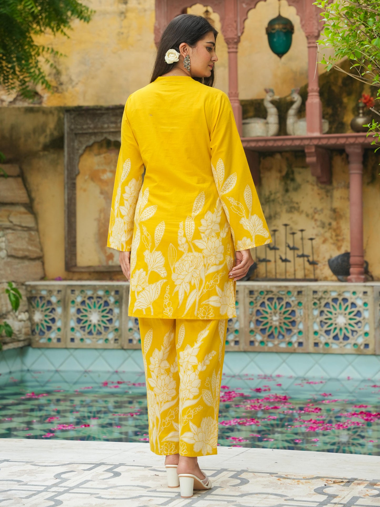 Soft Cotton Placement Print Straight Yellow Kurta