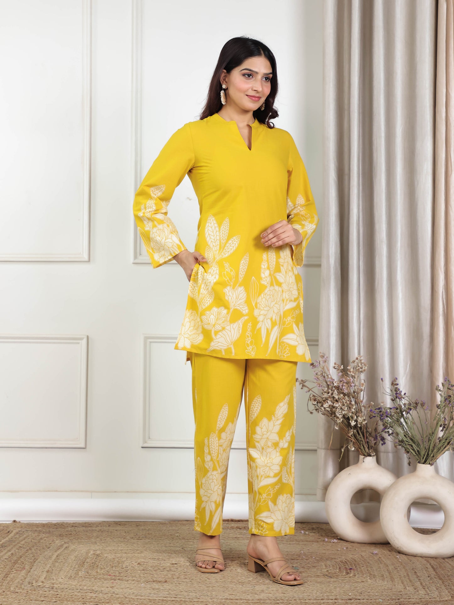 Soft Cotton Placement Print Straight Yellow Kurta