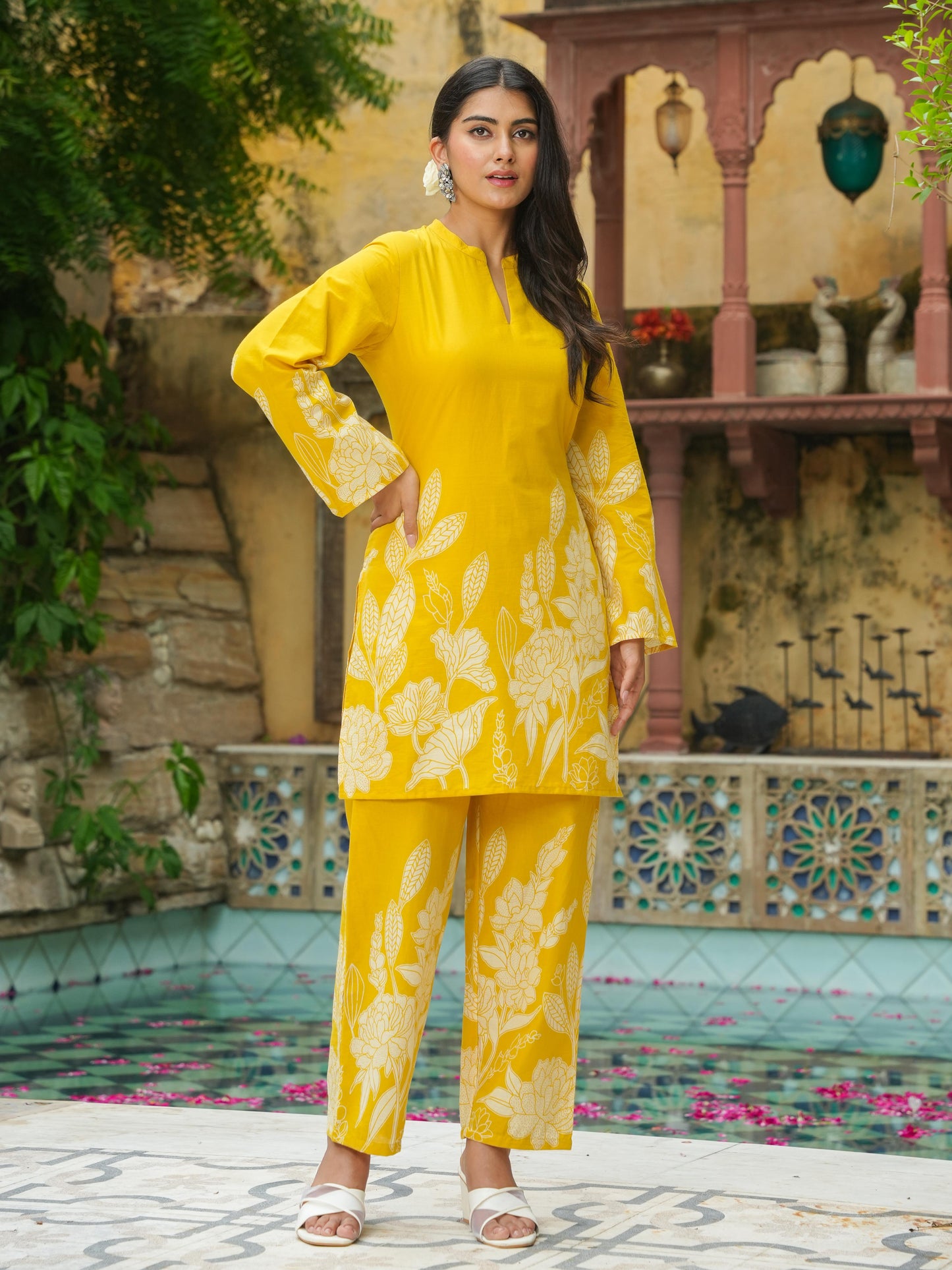 Soft Cotton Placement Print Straight Yellow Kurta