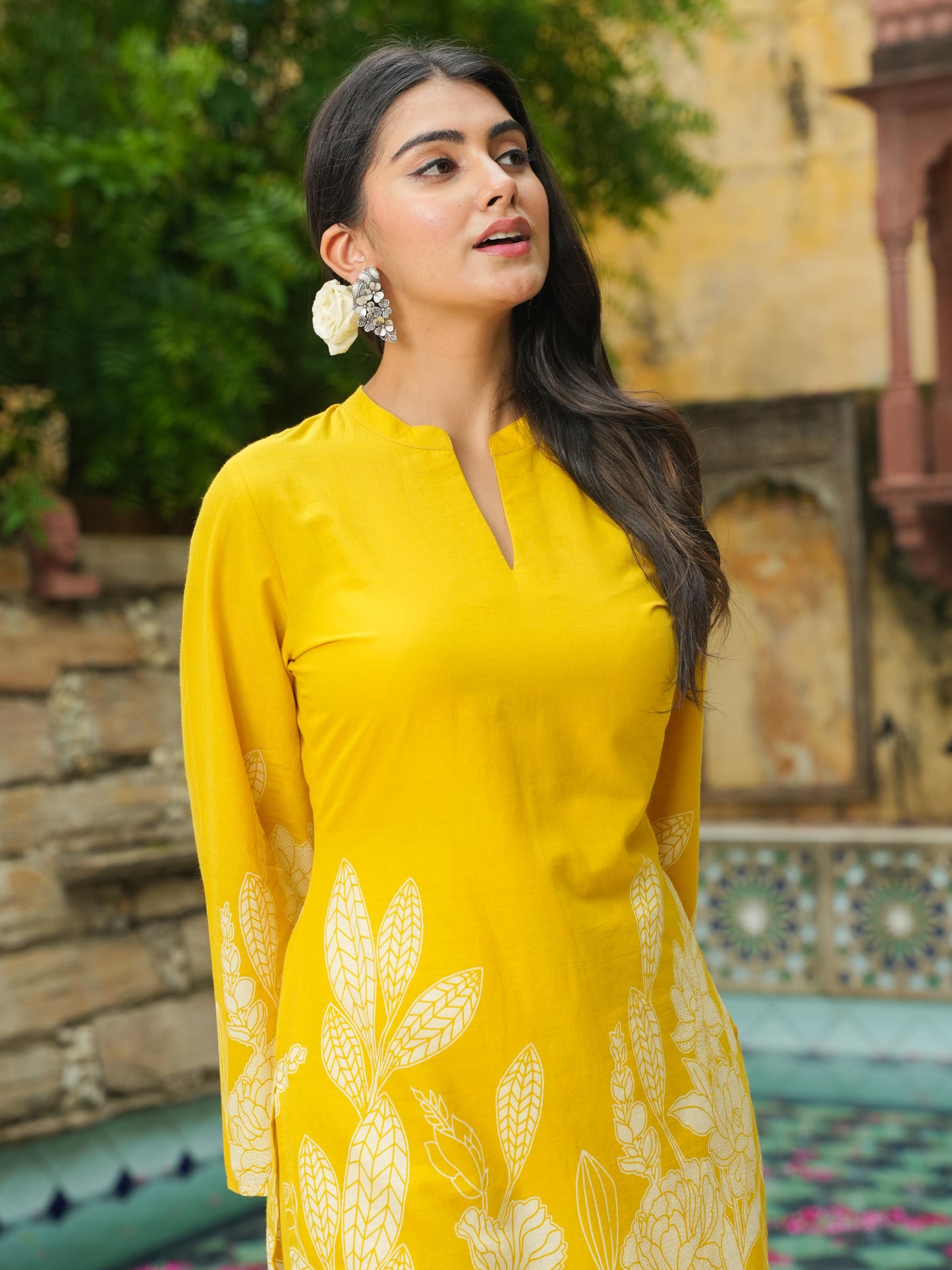 Soft Cotton Placement Print Straight Yellow Kurta