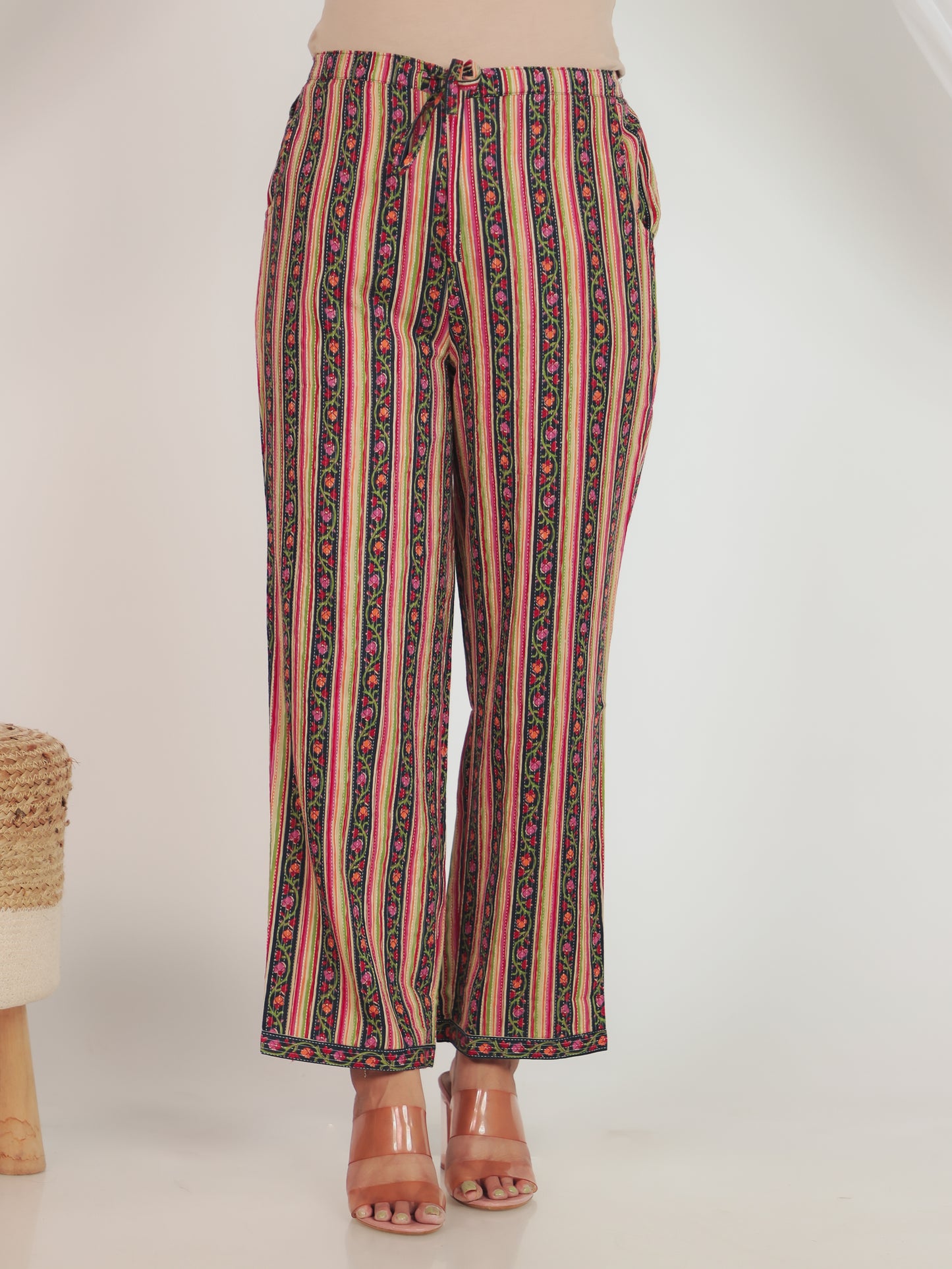 Soft Cotton Striped Green Straight Trousers