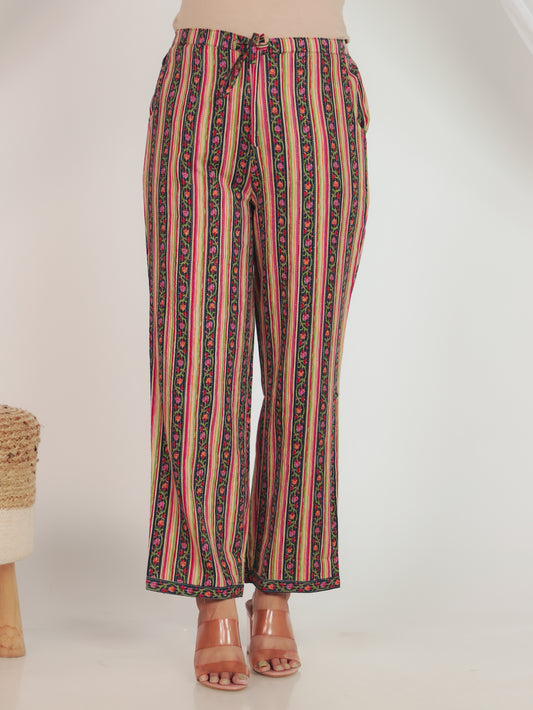 Soft Cotton Striped Green Straight Trousers