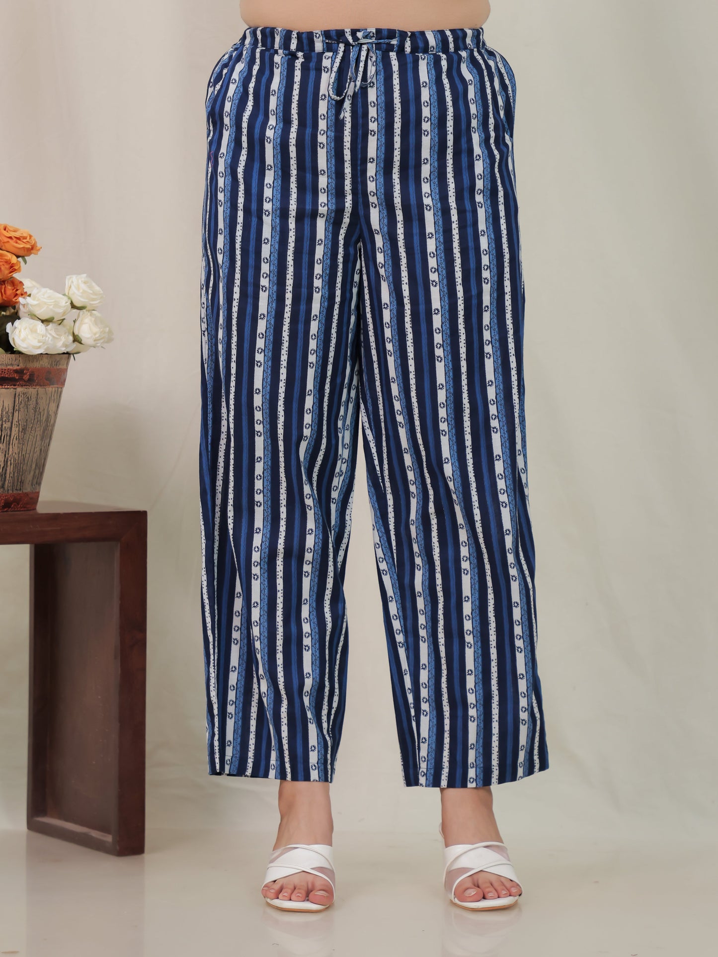 Soft Cotton Striped Blue Straight Trousers